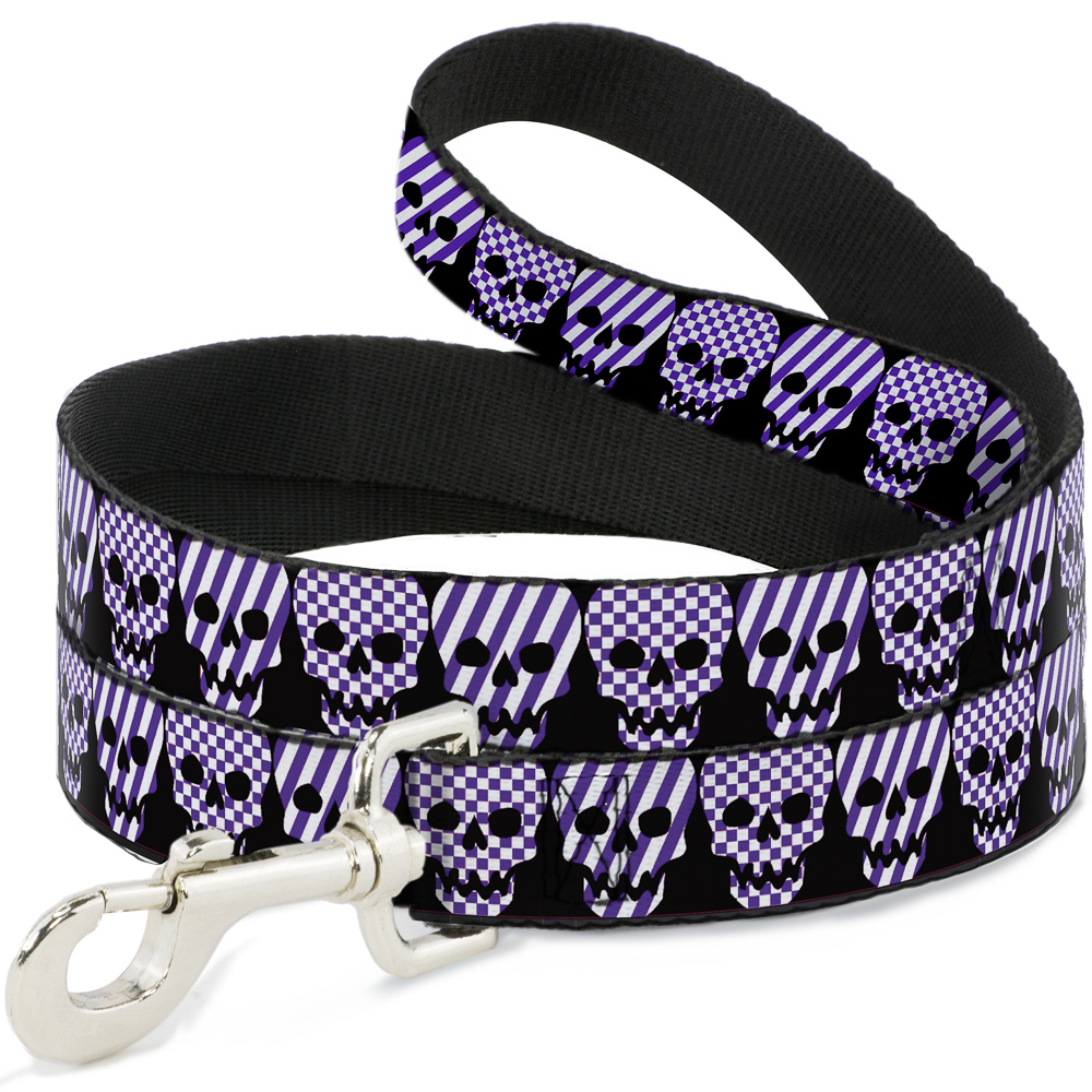 Dog Leash Checker & Stripe Skulls Black/White/Purple NARROW 0.5"" (US IMPORT)