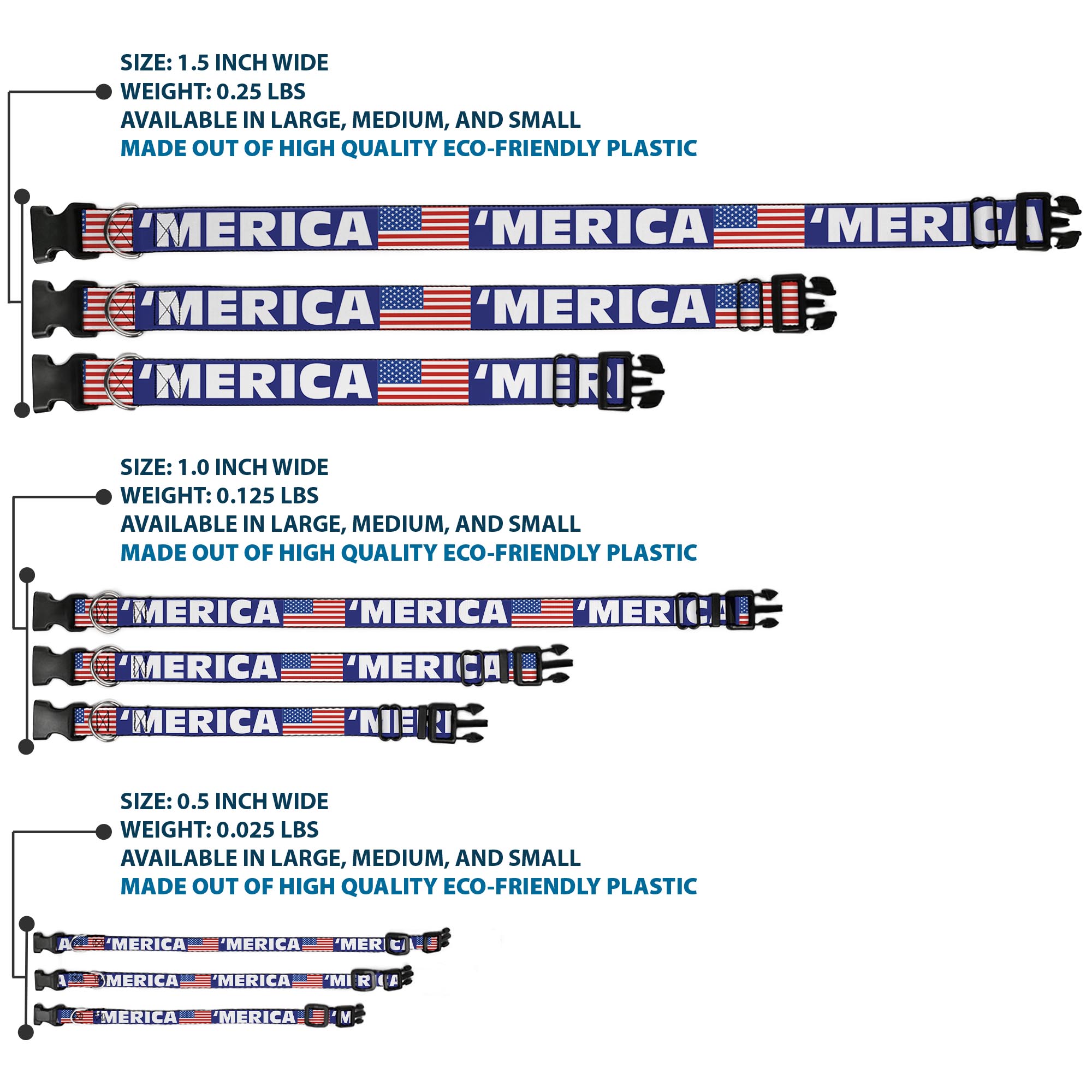 Plastic Clip Collar MERICA/US Flag Blue/White/Red Medium 11-16.5"