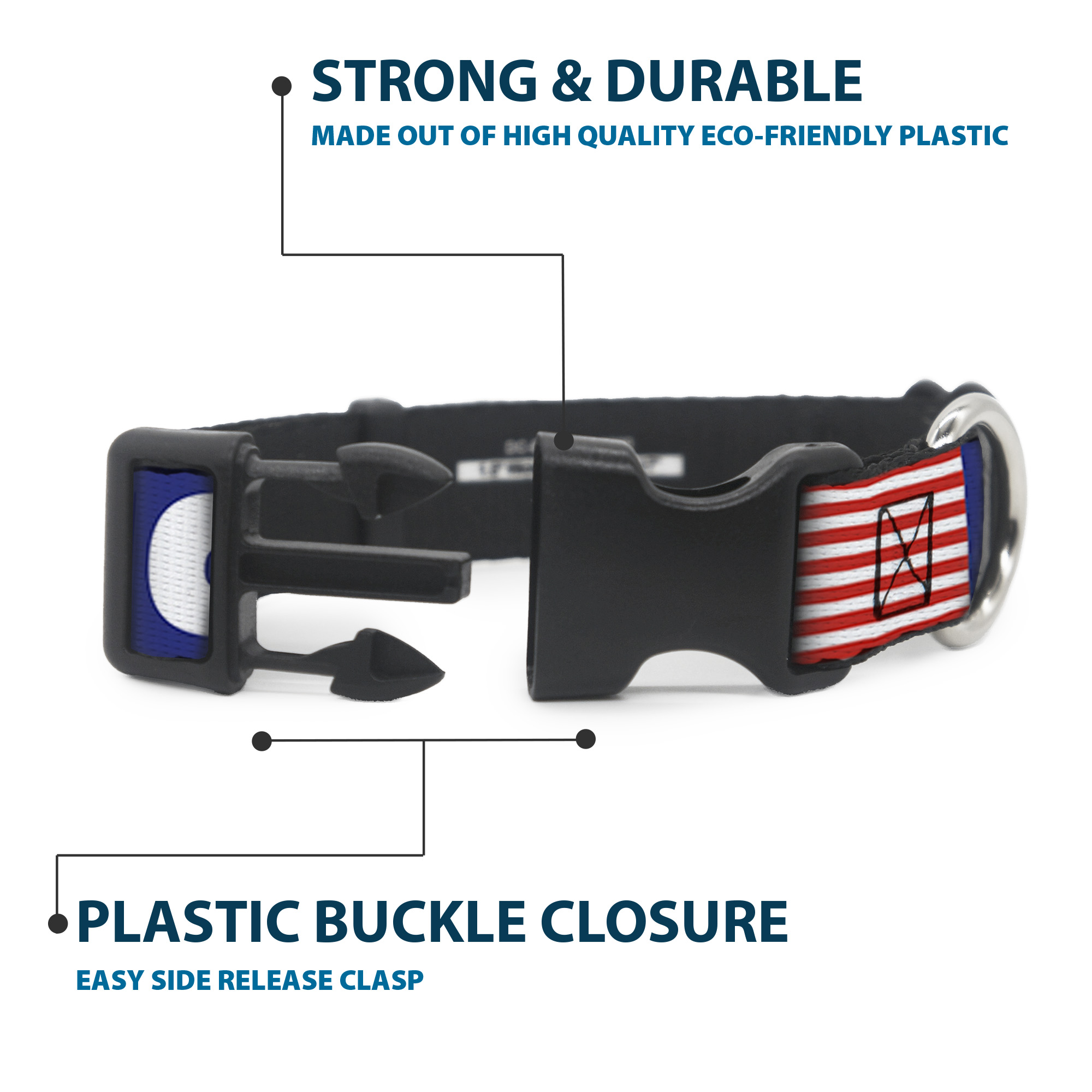 Plastic Clip Collar MERICA/US Flag Blue/White/Red Medium 11-16.5"