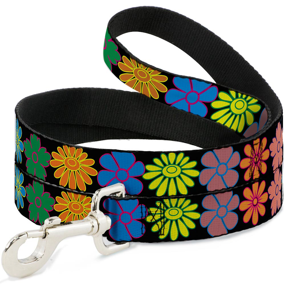 Dog Leash Flowers Black/Multi Color NARROW 0.5"