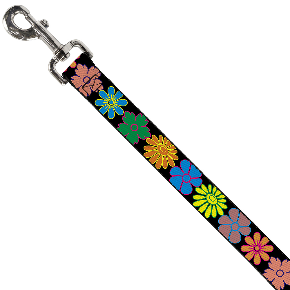 Dog Leash Flowers Black/Multi Color NARROW 0.5"
