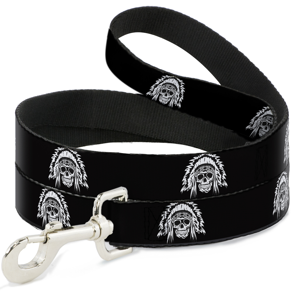 Dog Leash Native American Skull Black/White NARROW 0.5"" (US IMPORT)