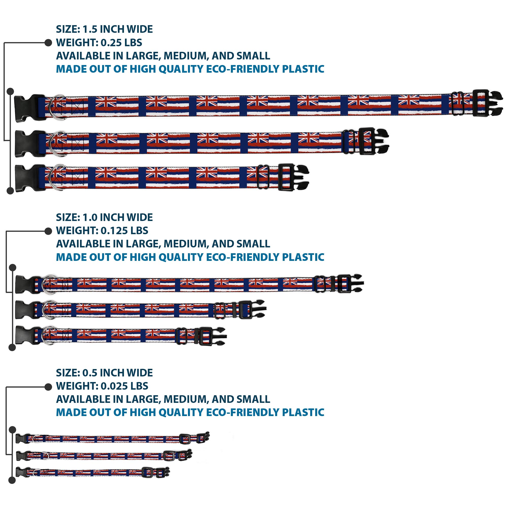 Plastic Clip Collar Hawaii Flags Weathered Blue/Red/White Medium 11-16.5"