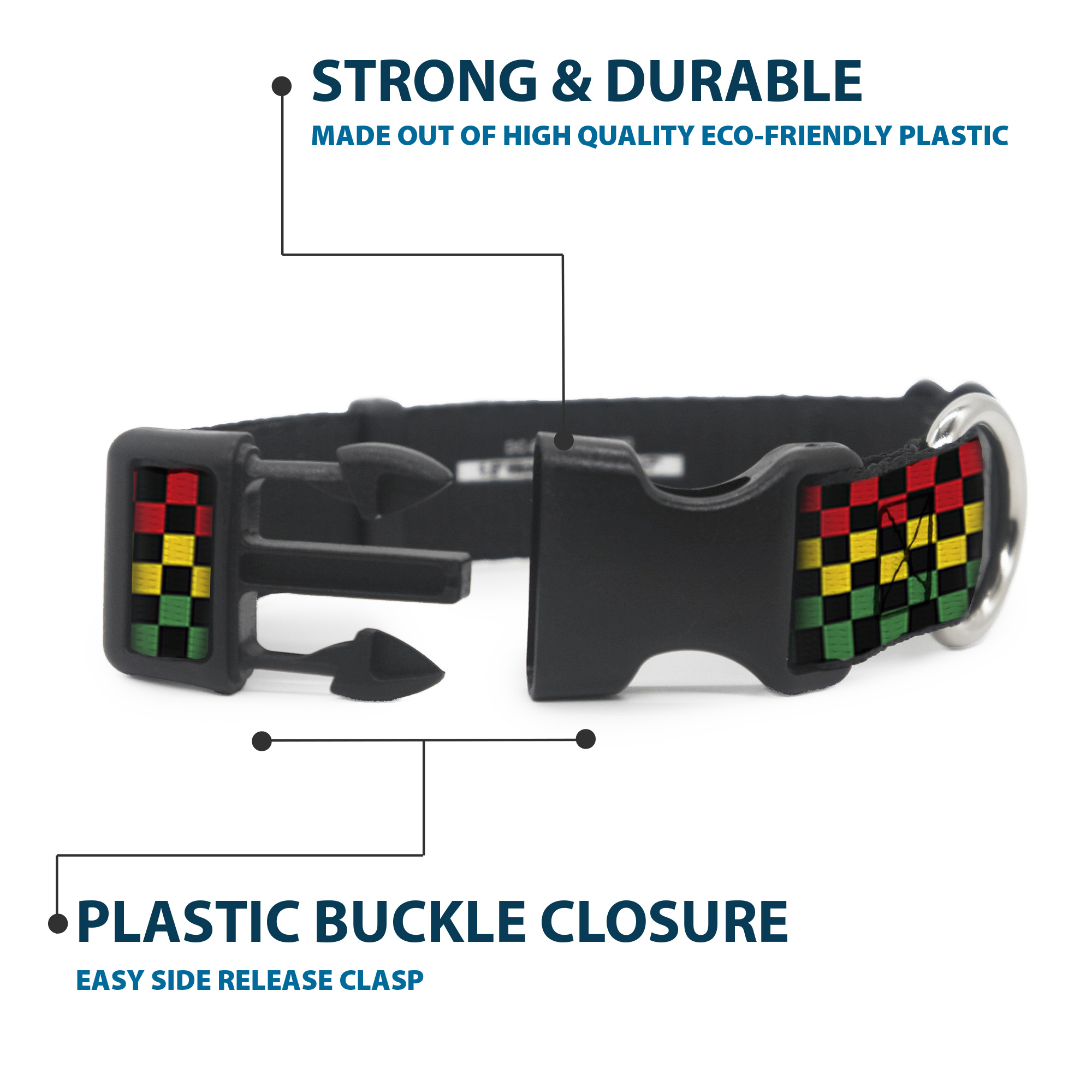 Plastic Clip Collar Checker Black/Rasta Medium 11-16.5"