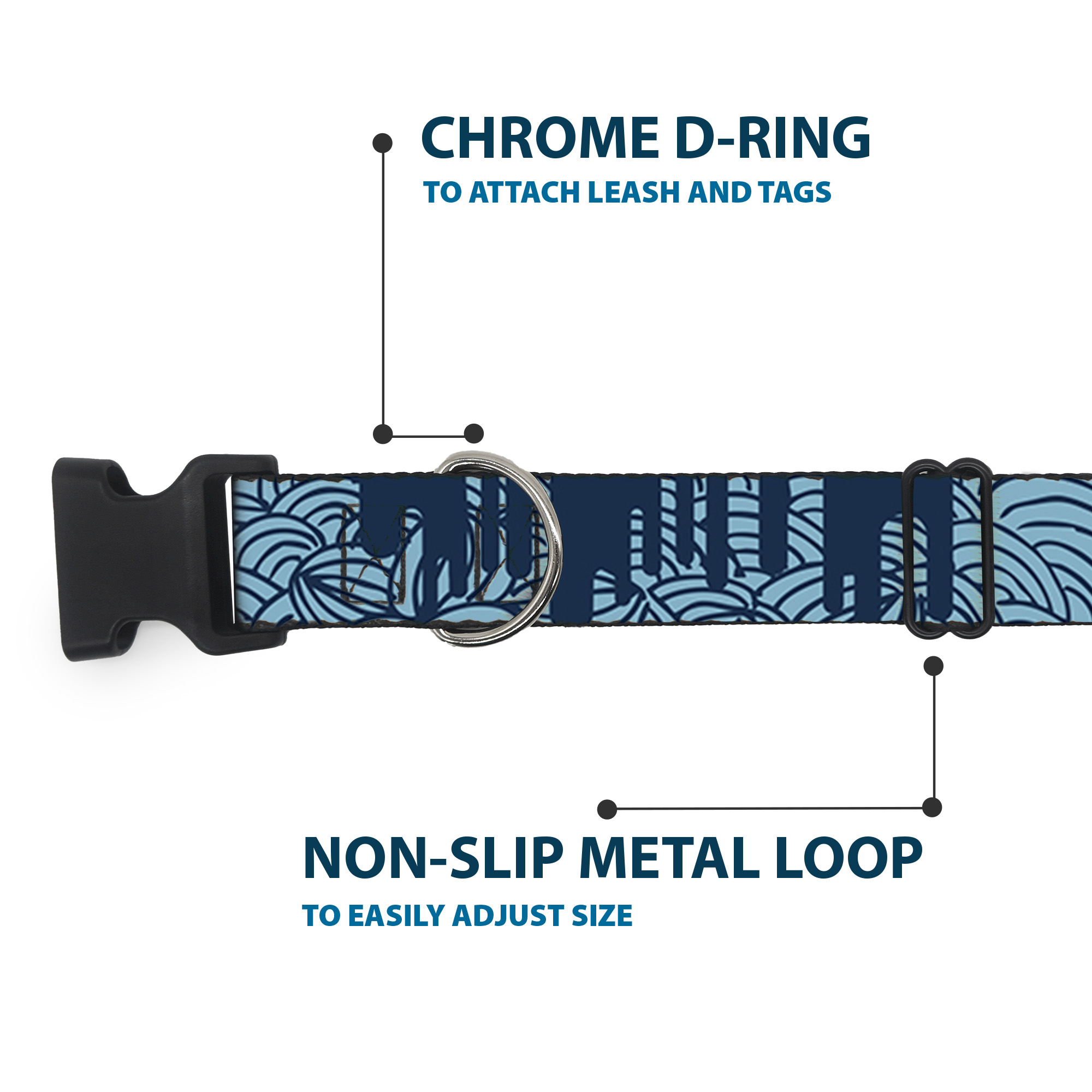Plastic Clip Collar Doodle1/Paint Drips Blues Medium 11-16.5"