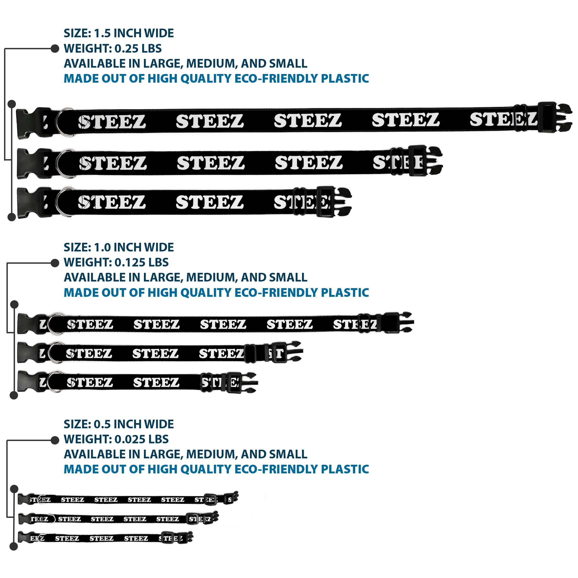 Plastic Clip Collar STEEZ Black/White NARROW-Small 7-8.5"
