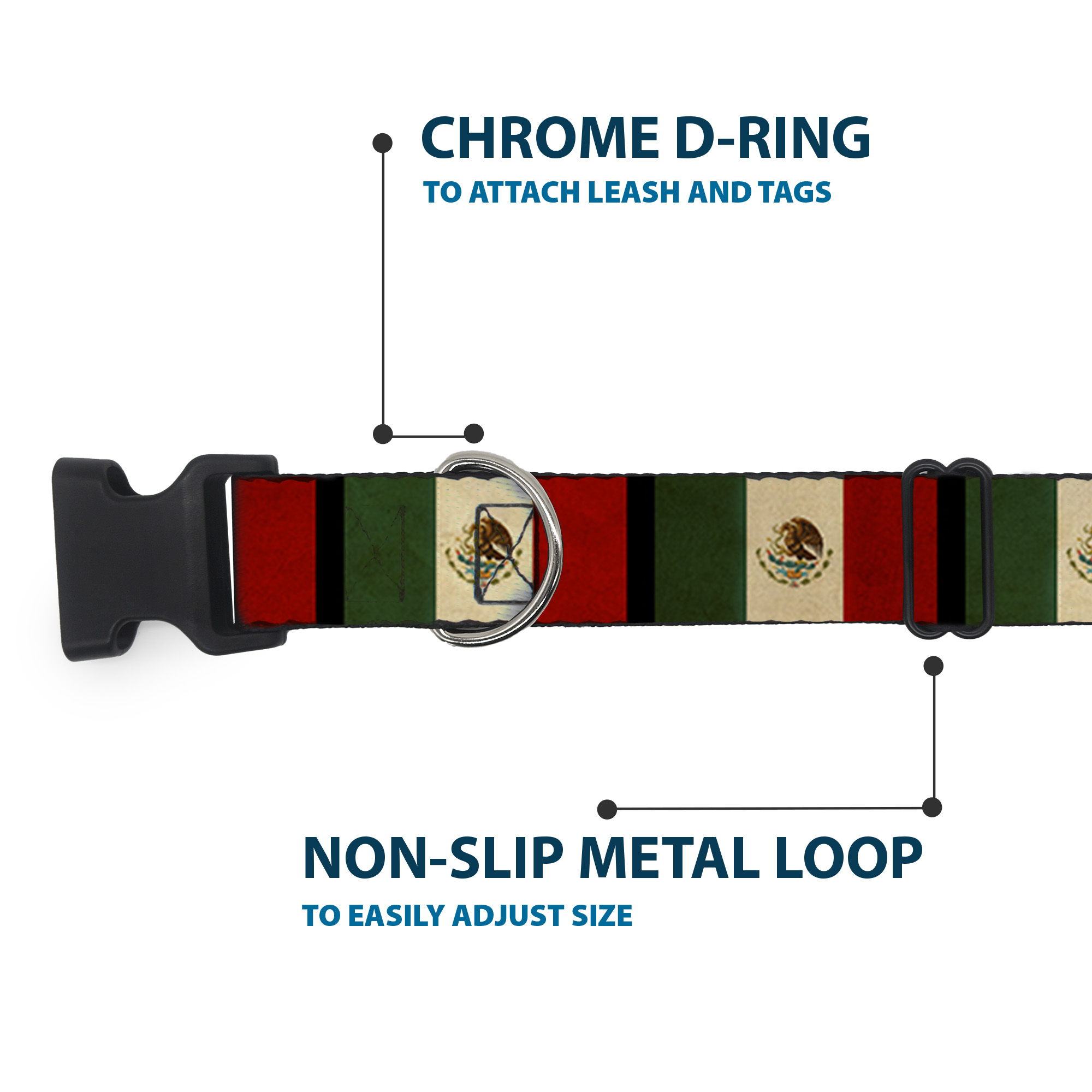 Plastic Clip Collar Mexico Flag Distressed Medium 11-16.5"
