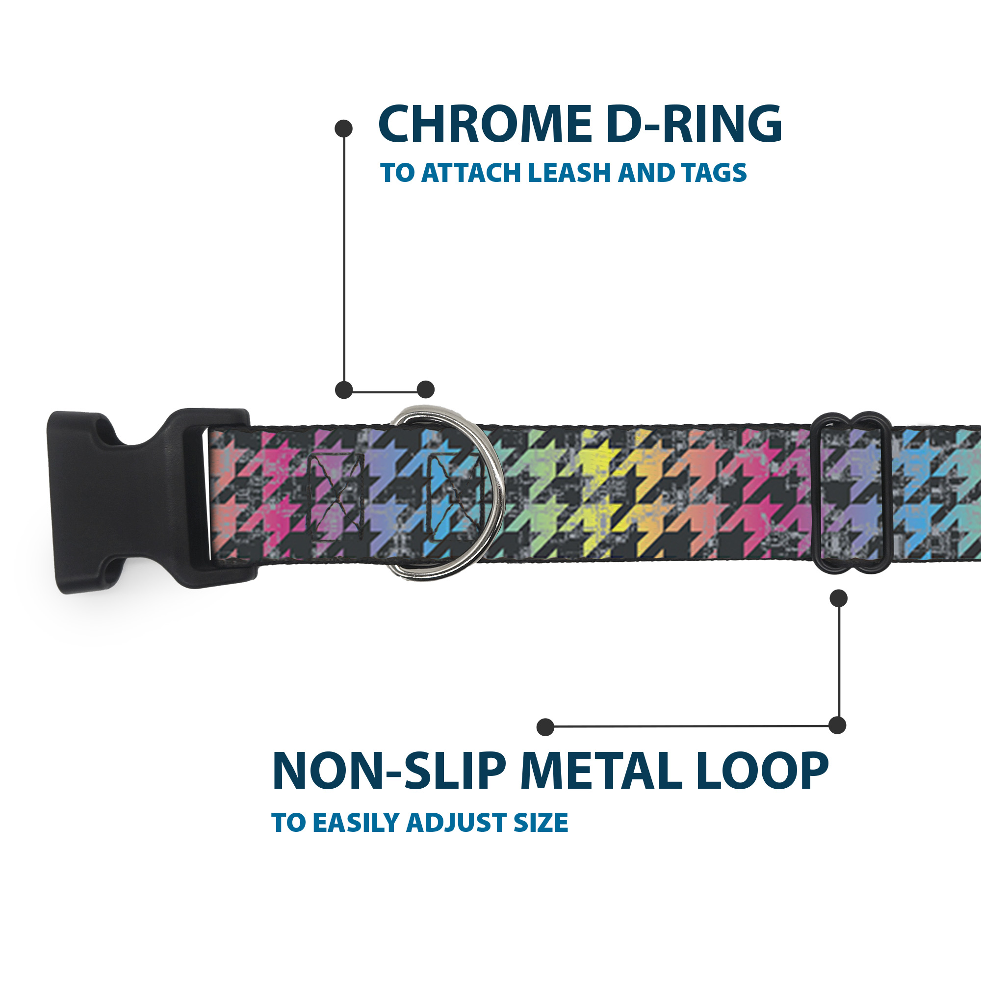 Plastic Clip Collar Houndstooth Black/Rainbow Small 9.5-13"