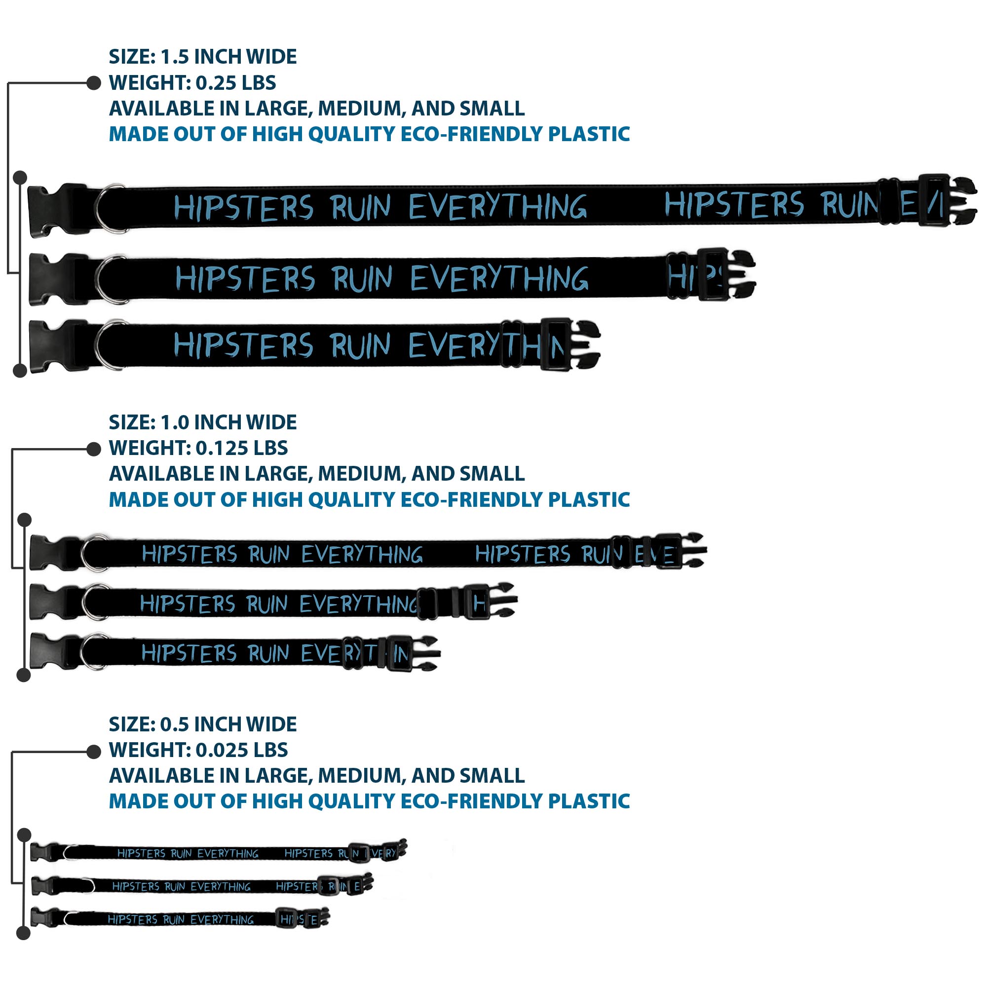 Plastic Clip Collar HIPSTERS RUIN EVERYTHING Black/Blue Medium 11-16.5"