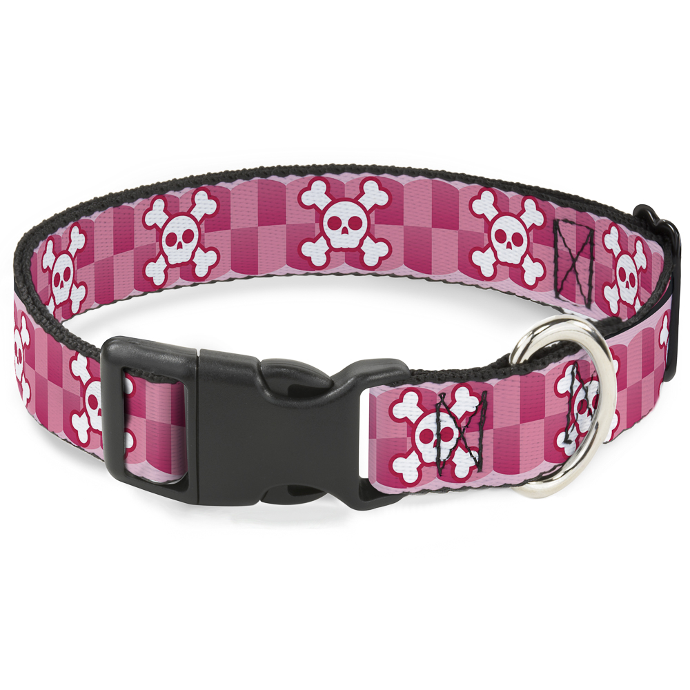 Plastic Clip Collar Cute Skulls w/Checkers Pinks/White Large 15-24"