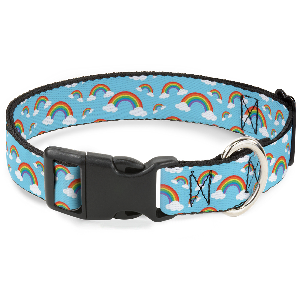 Plastic Clip Collar Rainbows Scattered Blue NARROW-Medium 8.5-12"
