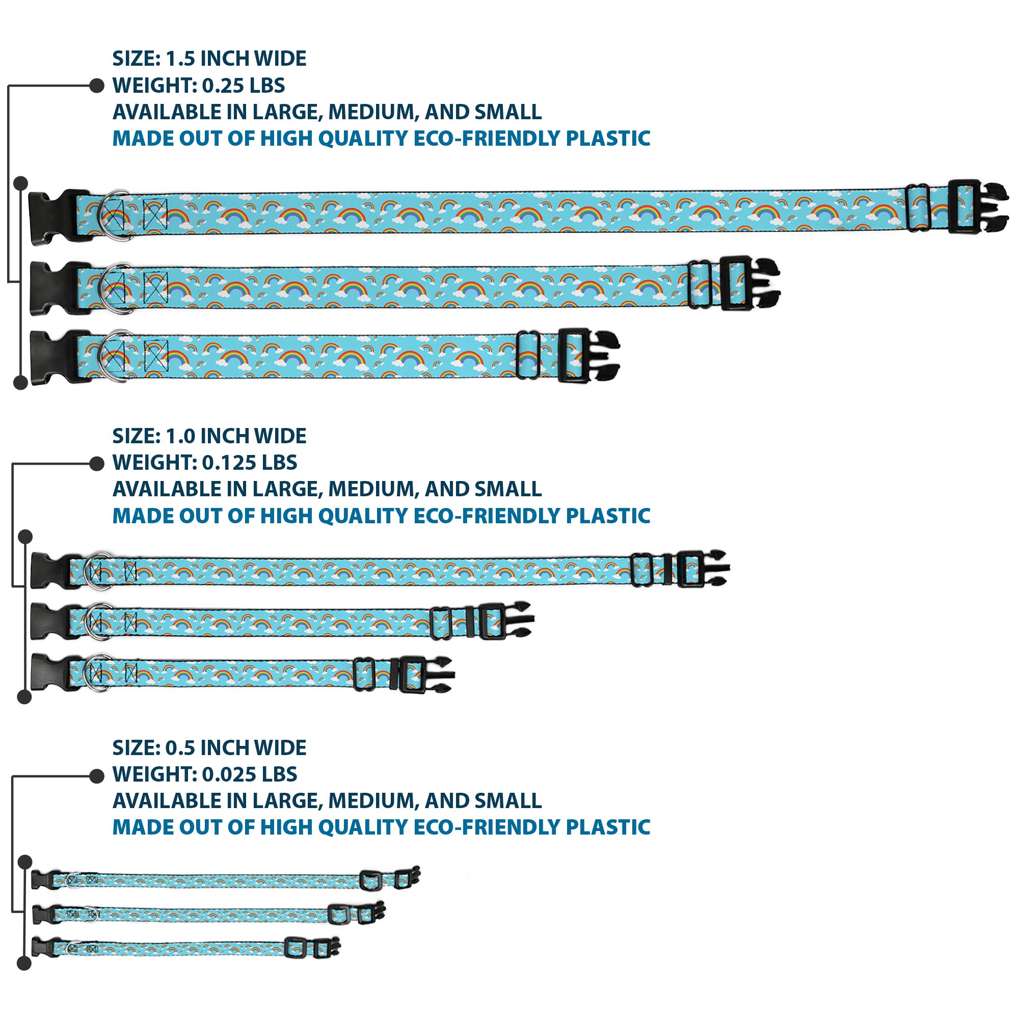 Plastic Clip Collar Rainbows Scattered Blue NARROW-Medium 8.5-12"