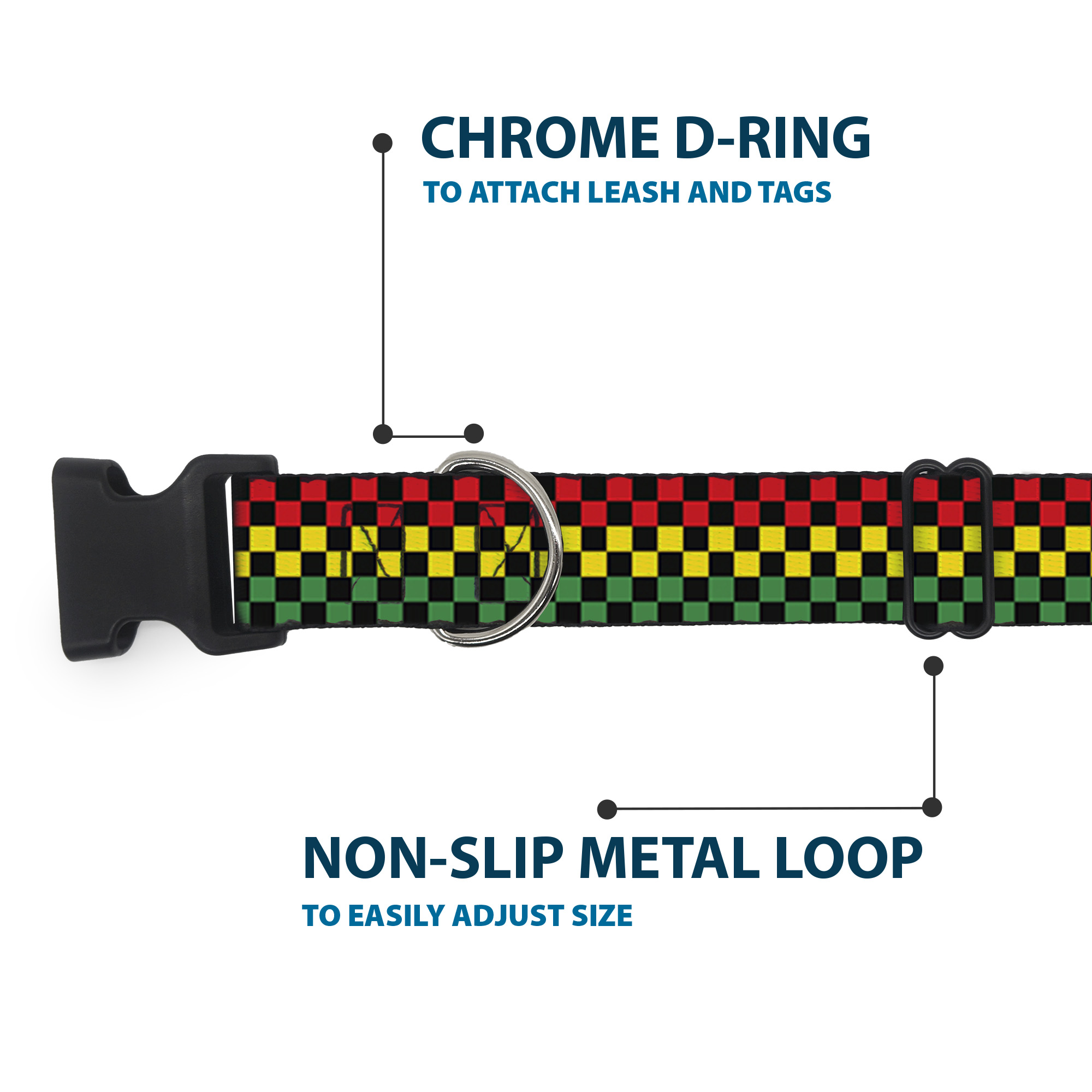 Plastic Clip Collar Checker Black/Rasta Large 15-24"