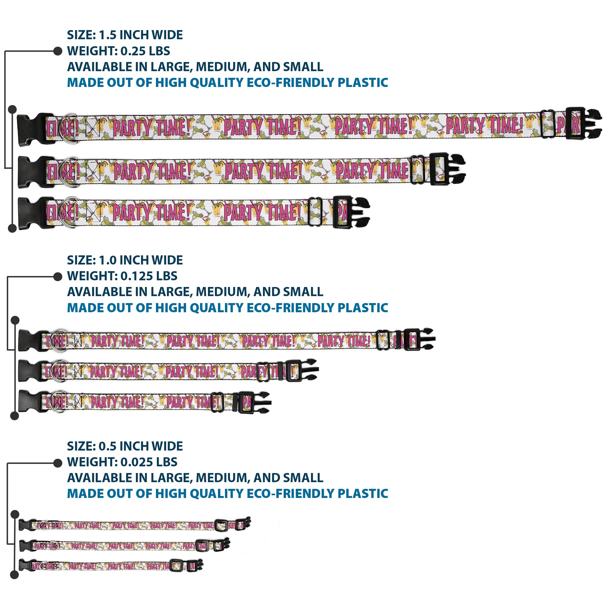 Plastic Clip Collar PARTY TIME! w/Drinks NARROW-Small 7-8.5"