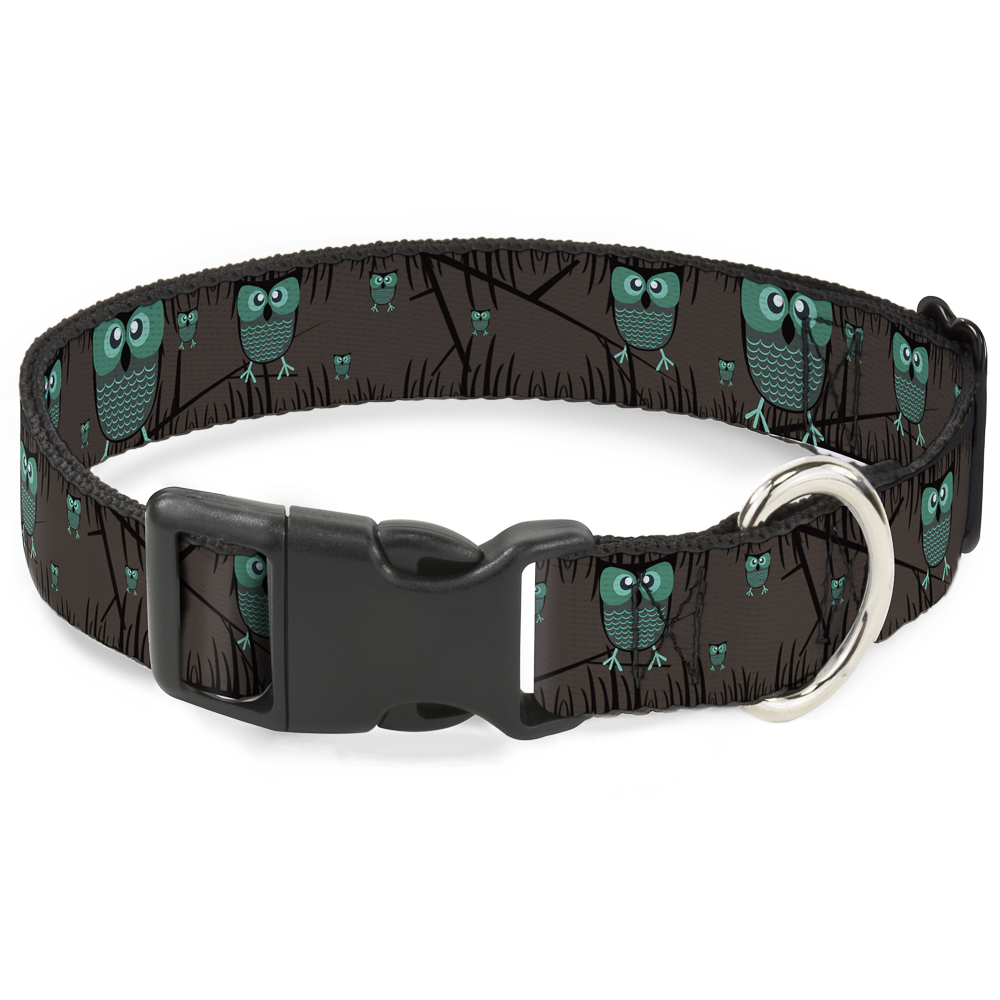 Plastic Clip Collar Owls in Trees Turquoise Large 15-24"