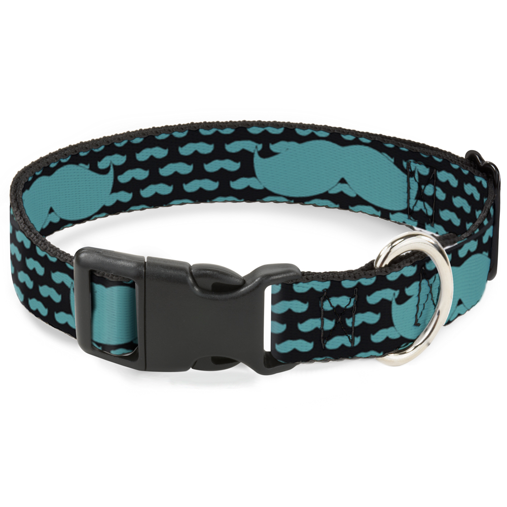 Plastic Clip Collar Mustaches Mini/Single Repeat Black/Turquoise Large 15-24"