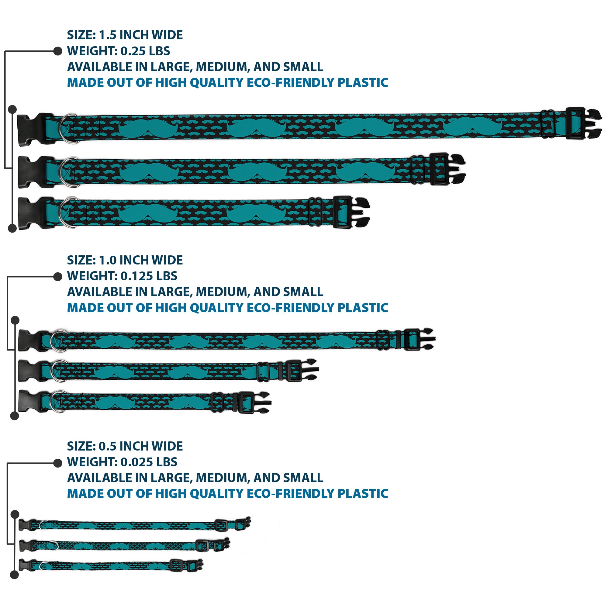 Plastic Clip Collar Mustaches Mini/Single Repeat Black/Turquoise Large 15-24"