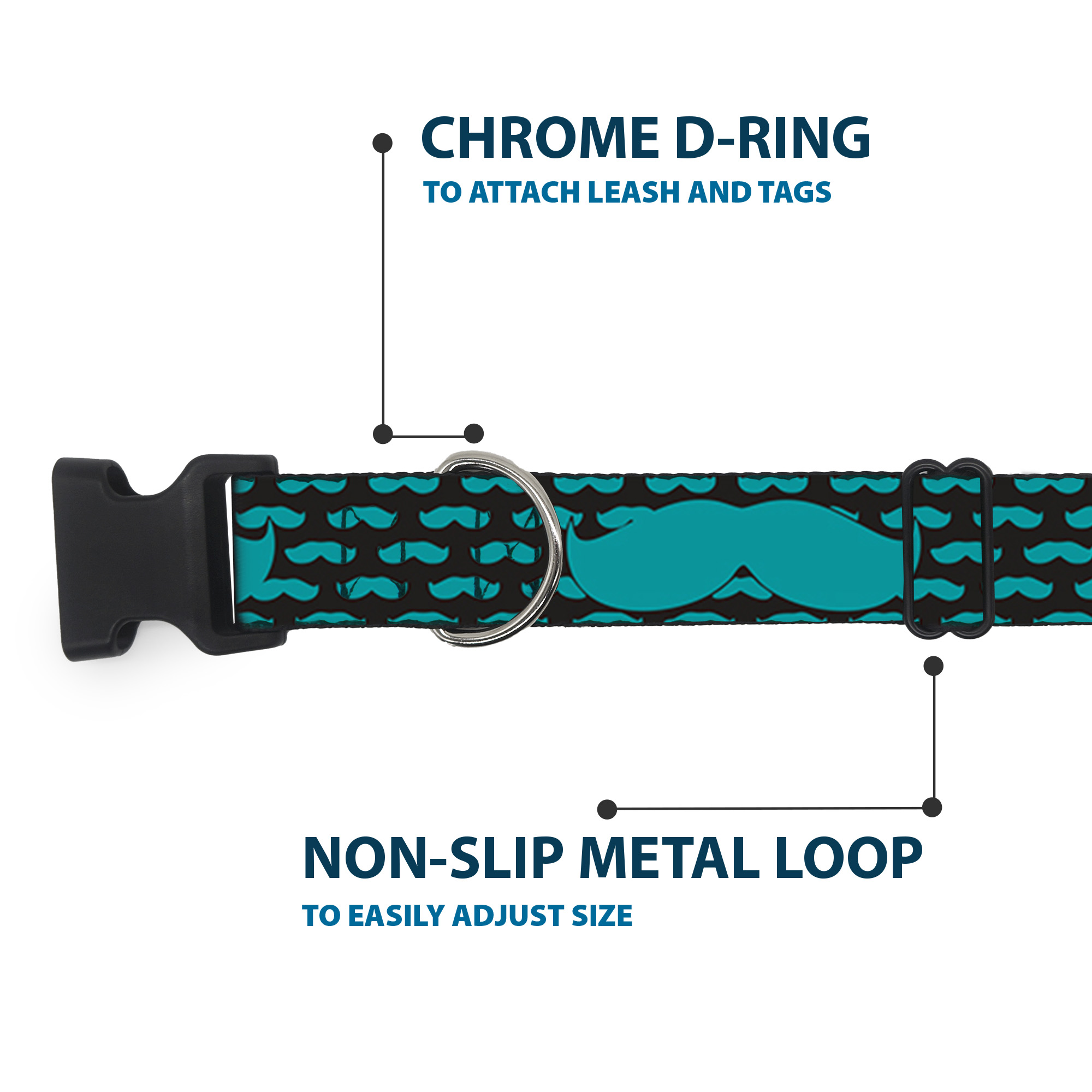 Plastic Clip Collar Mustaches Mini/Single Repeat Black/Turquoise Large 15-24"
