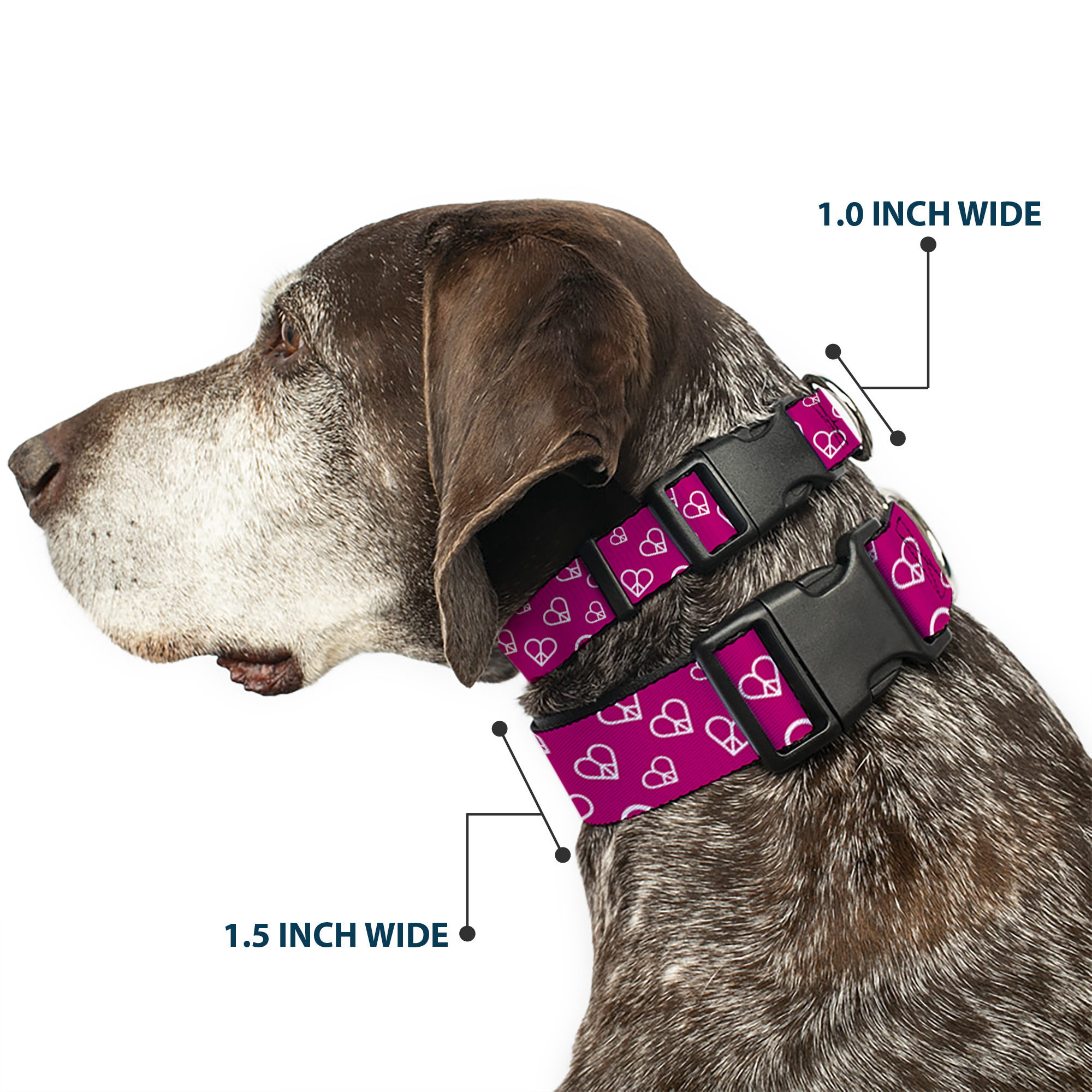 Plastic Clip Collar Mini Peace Hearts Fuchsia/White NARROW-Large 9.5-14.5"