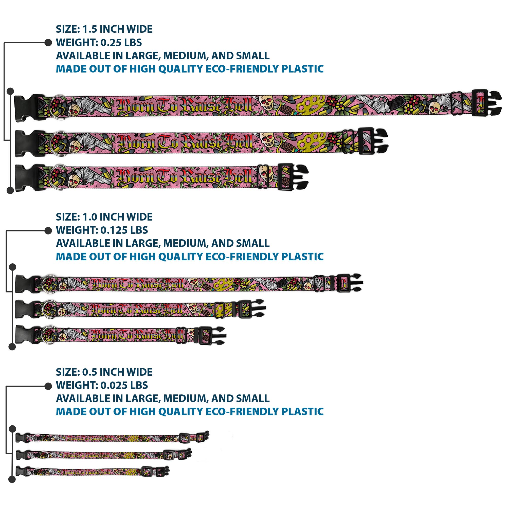 Plastic Clip Collar Born to Raise Hell Pink NARROW-Medium 8.5-12