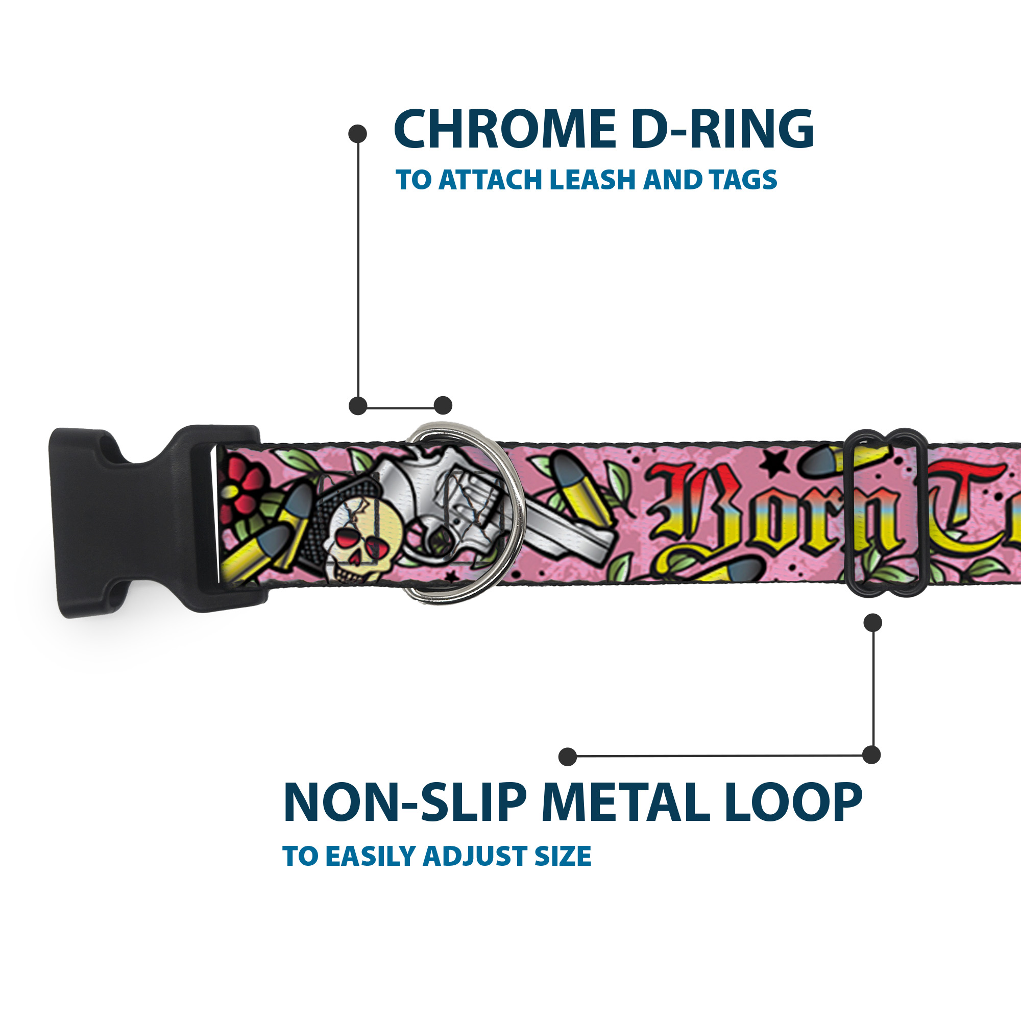 Plastic Clip Collar Born to Raise Hell Pink NARROW-Medium 8.5-12
