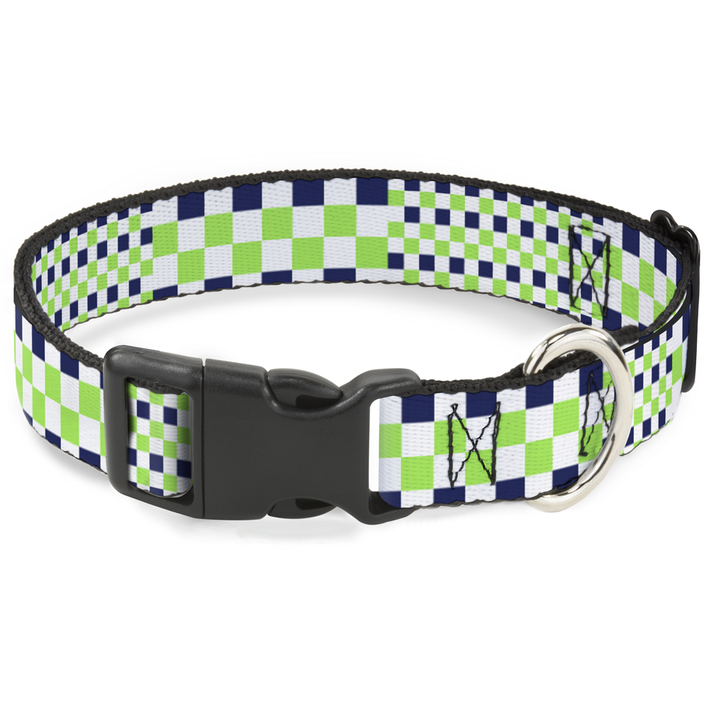 Plastic Clip Collar Checker Blocks White/Navy/Neon Green NARROW-Medi (US IMPORT)