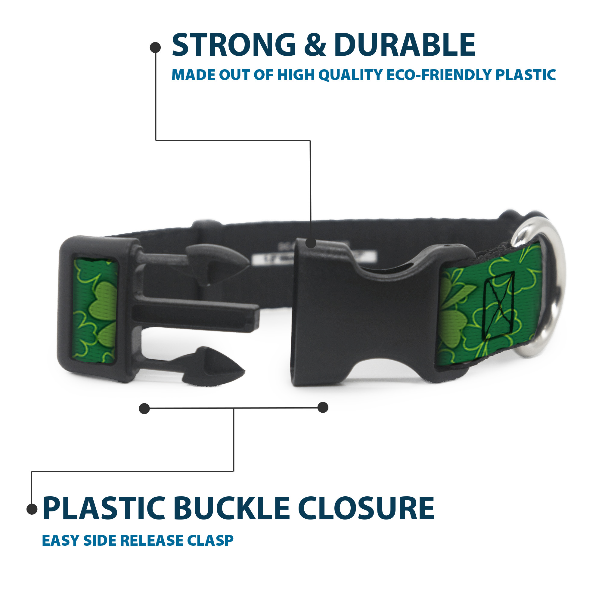 Plastic Clip Collar St. Pat's Clovers Scattered2 Outline/Solid Greens Small 9.5-