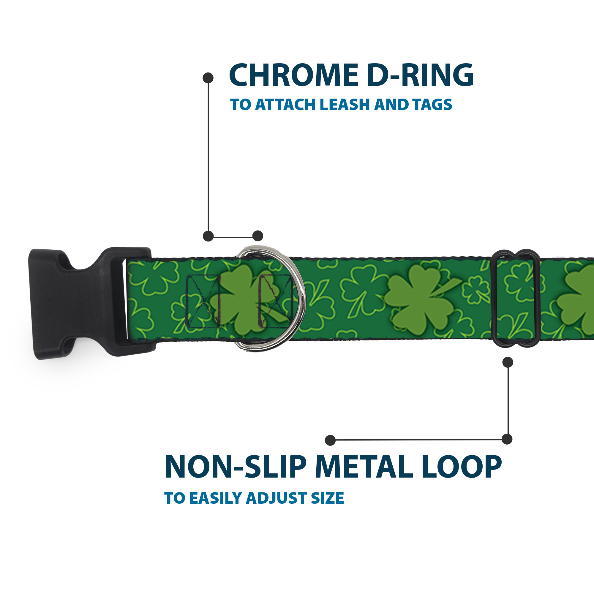 Plastic Clip Collar St. Pat's Clovers Scattered2 Outline/Solid Greens Small 9.5-