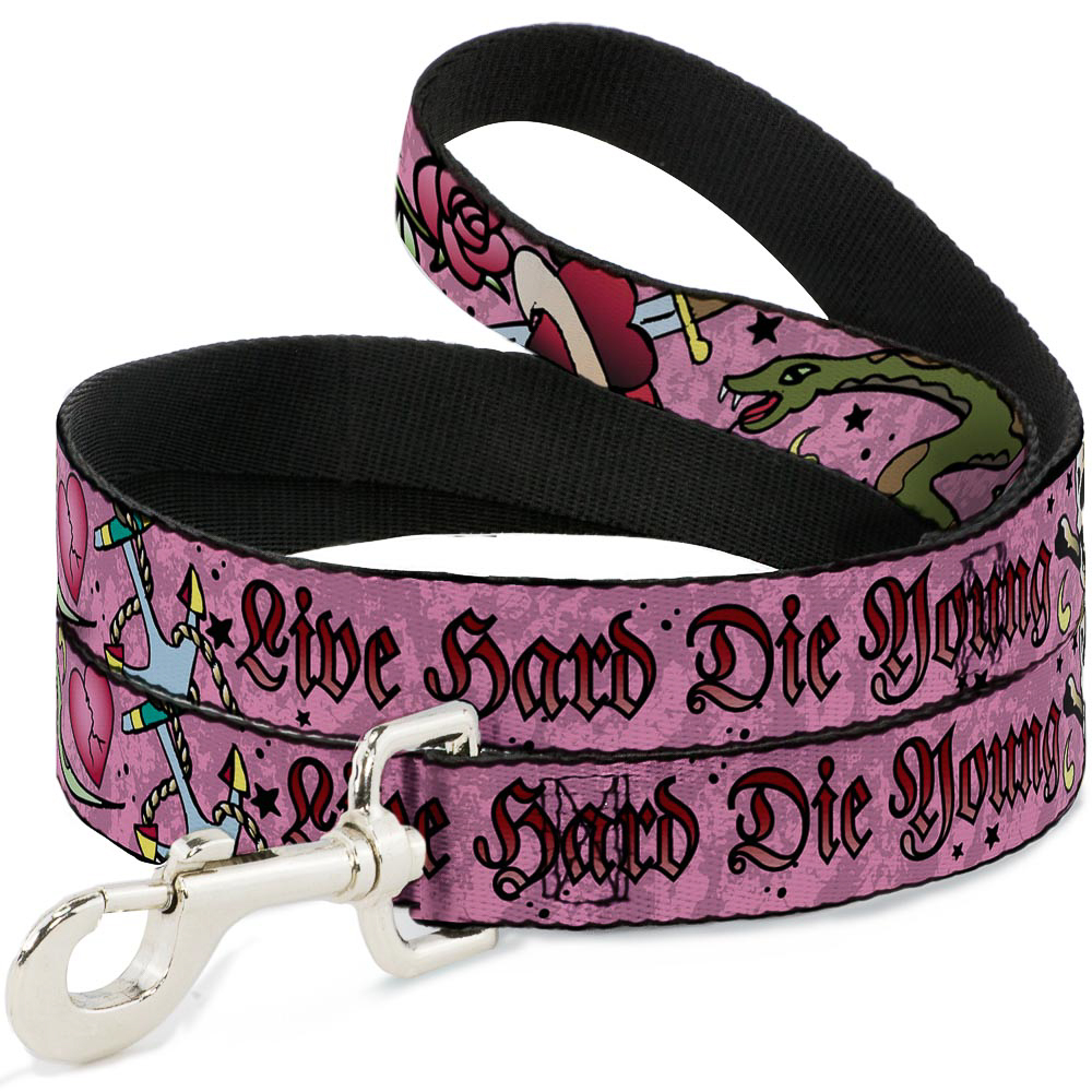 Dog Leash 6-FEET Live Hard Die Young Pink NARROW 0.5