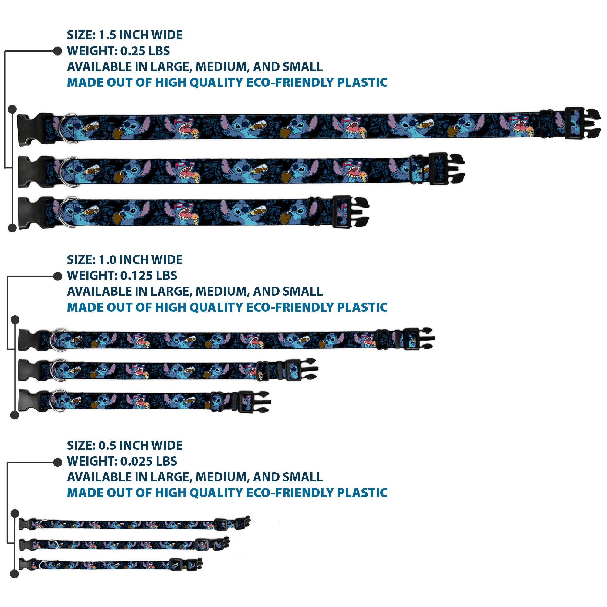 Plastic Clip Collar Stitch Snacking Poses Black/Blue NARROW-Medium 8.5-12"