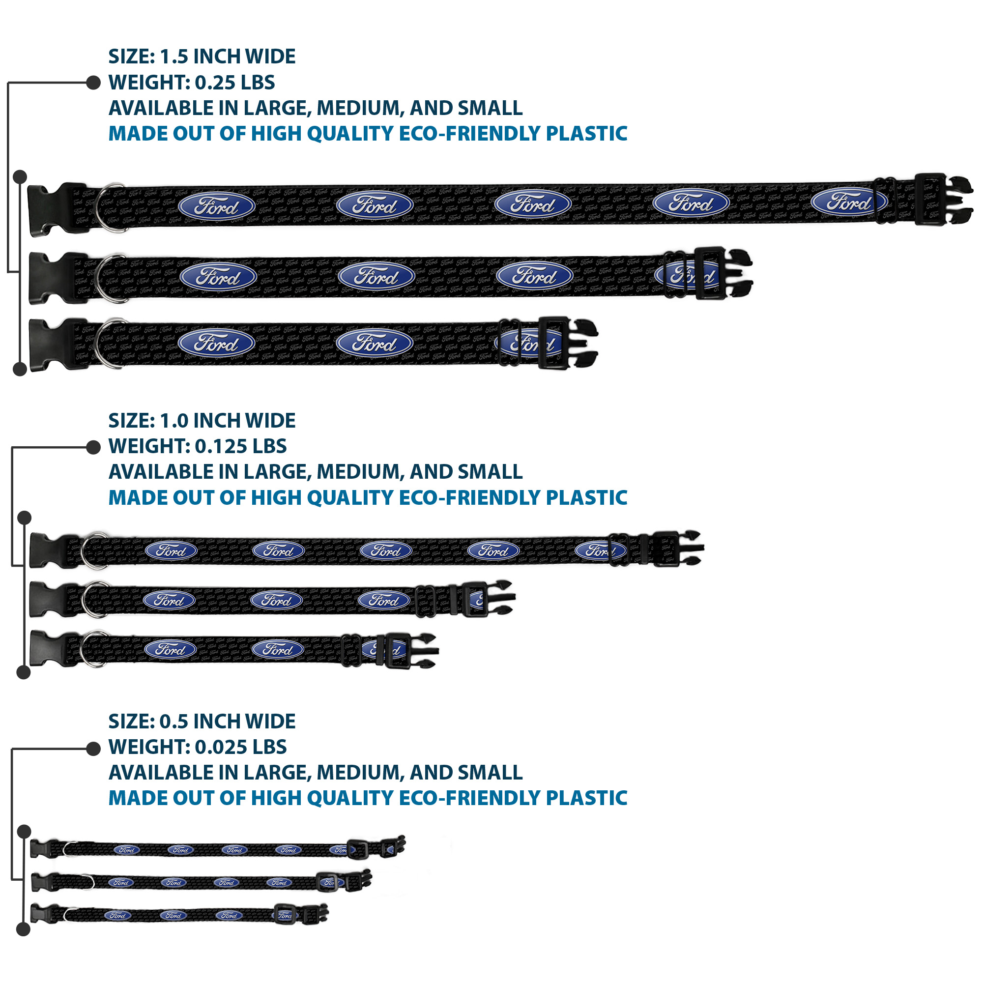 Plastic Clip Collar Ford Oval REPEAT w/Text NARROW-Medium 8.5-12
