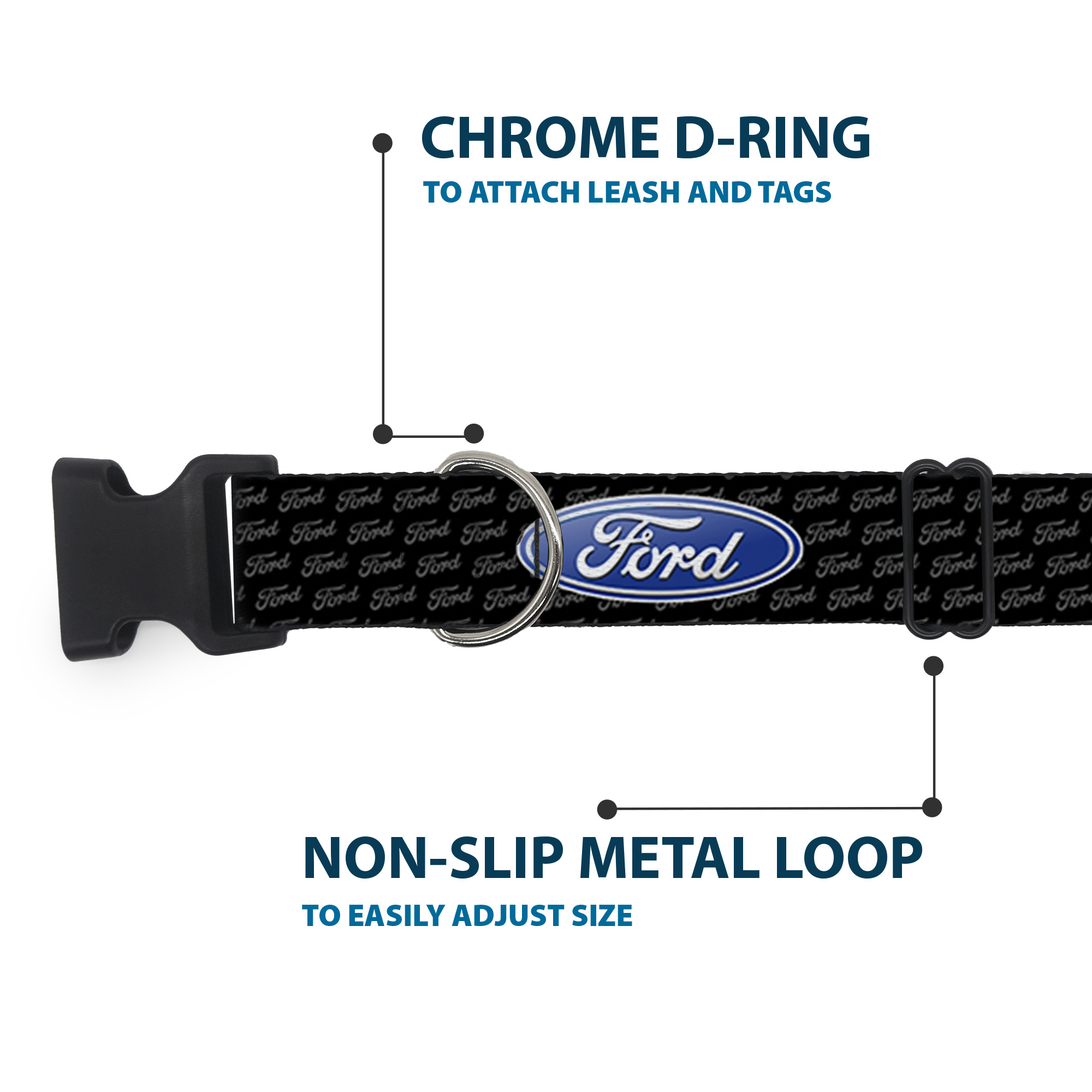Plastic Clip Collar Ford Oval REPEAT w/Text NARROW-Medium 8.5-12