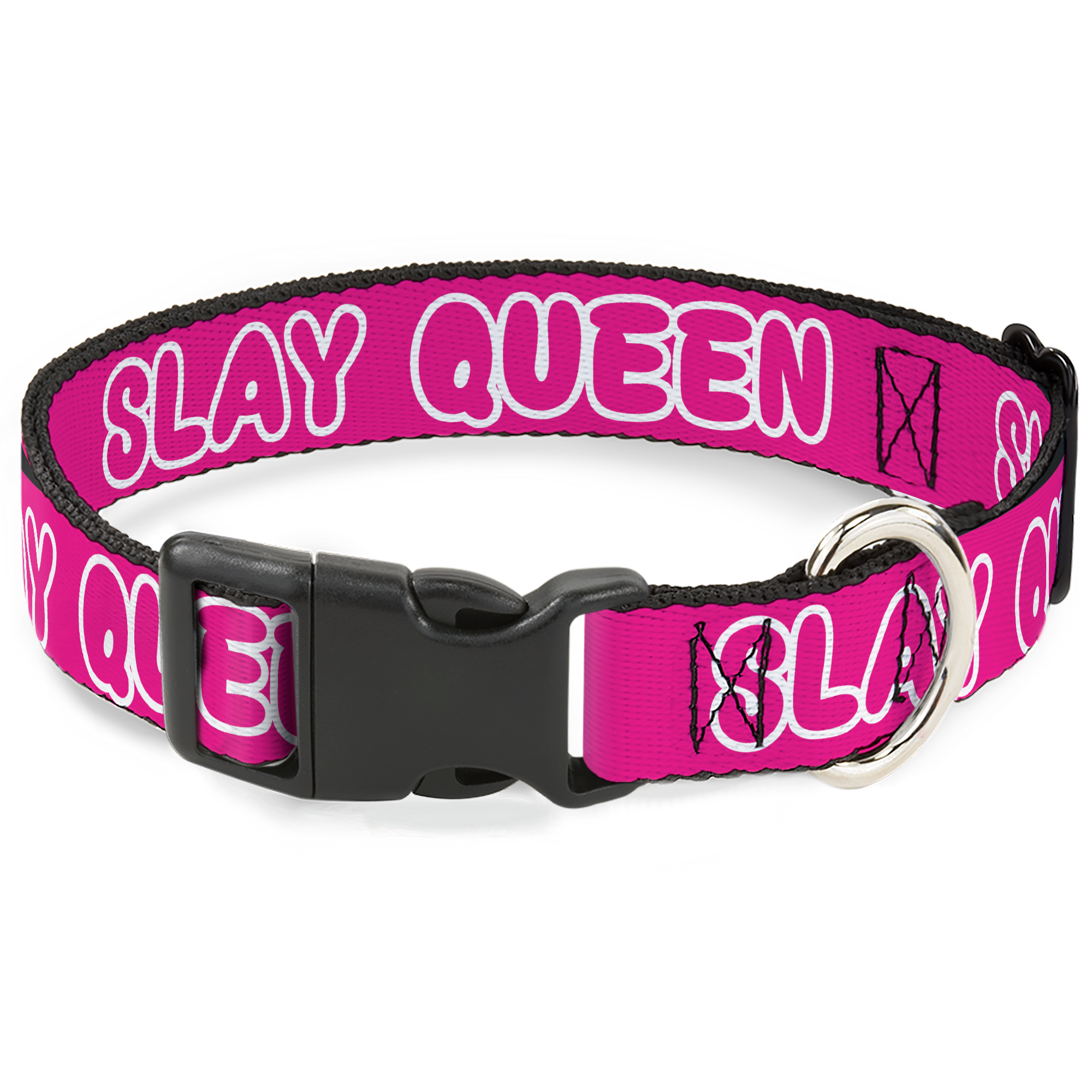 Plastic Clip Collar SLAY QUEEN Bubble Text Pink/White NARROW-Medium 8.5-12"