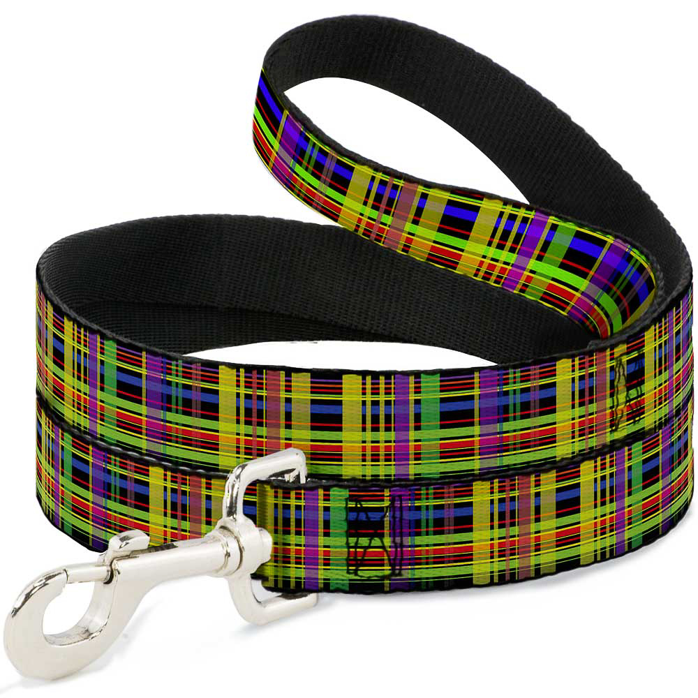 Dog Leash 6-FEET Plaid Black/Multi Neon NARROW 0.5