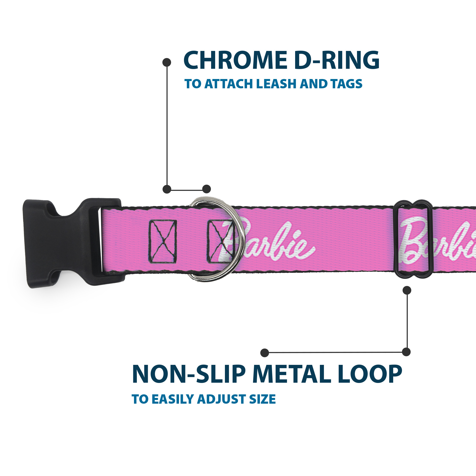 Plastic Clip Collar BARBIE Script Signature Logo Pink/White Medium 11-16.5"