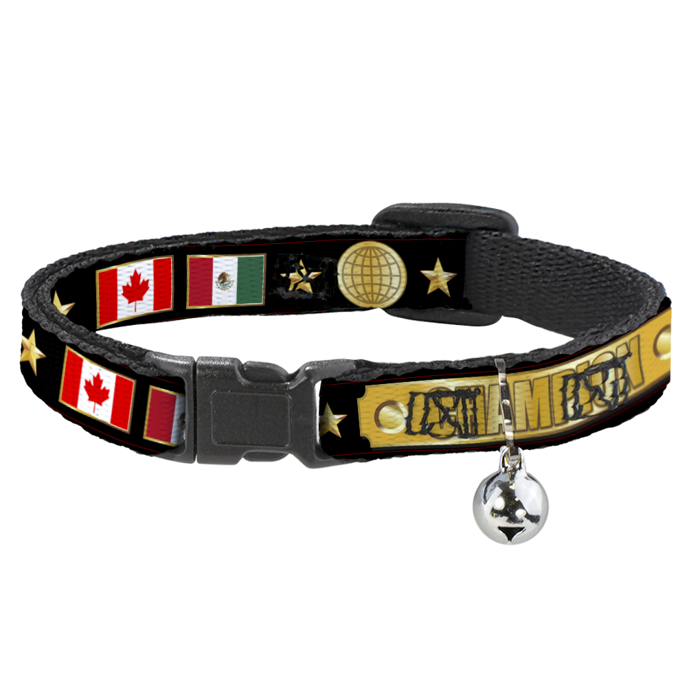 Cat Collar Breakaway with Bell CHAMPION Belt/Flags/Stars Black/Golds (US IMPORT)
