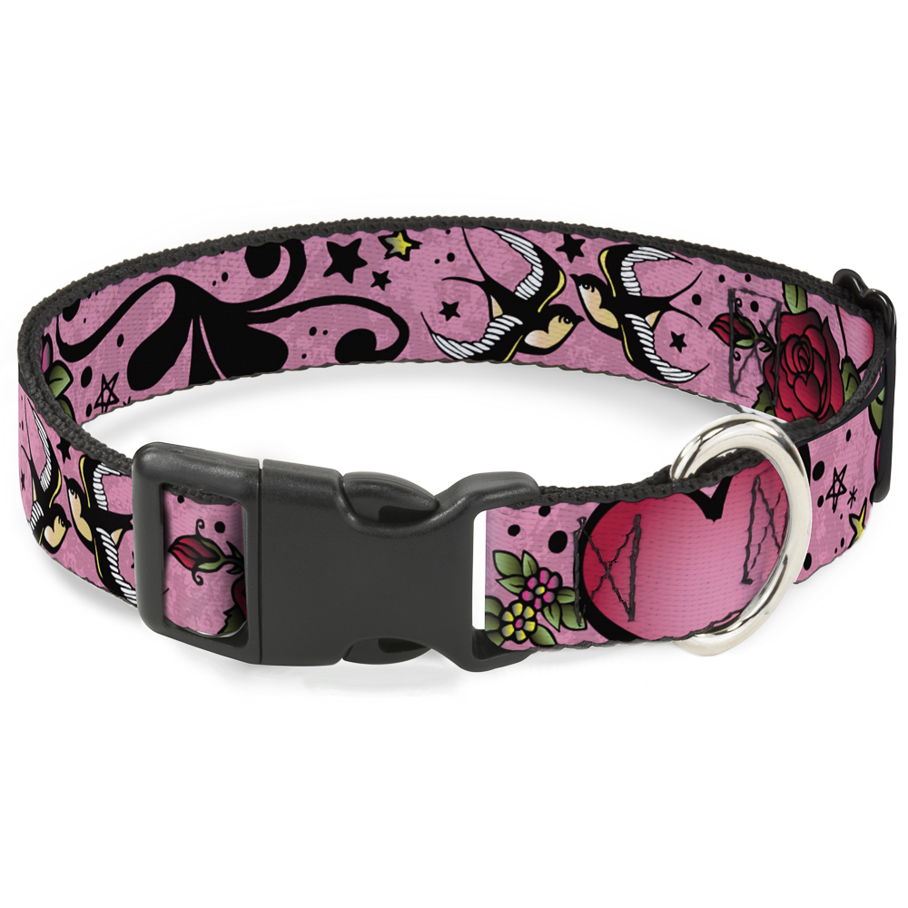 Plastic Clip Collar Mom & Dad CLOSE-UP Pink w/Sparrows Medium 11-16. (US IMPORT)
