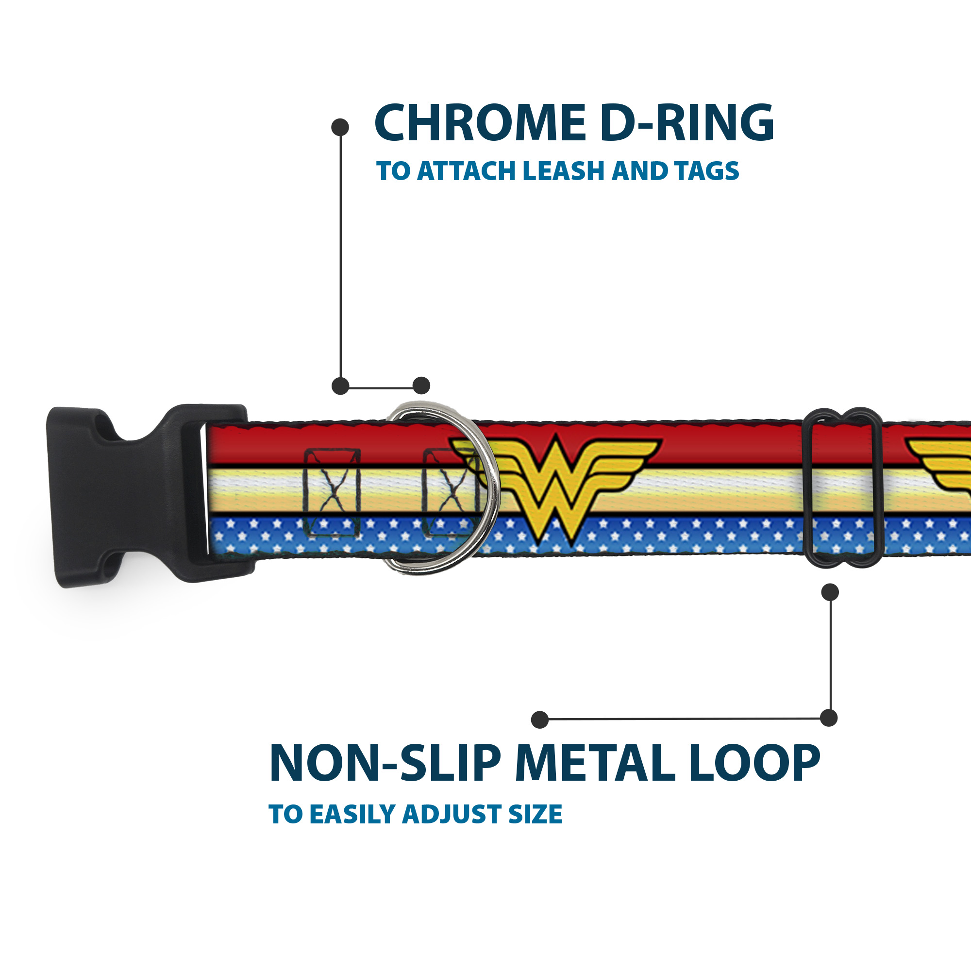 Plastic Clip Collar Wonder Woman Logo Stripe/Stars Red/Gold/Blue/Whi (US IMPORT) - Produktbild 5