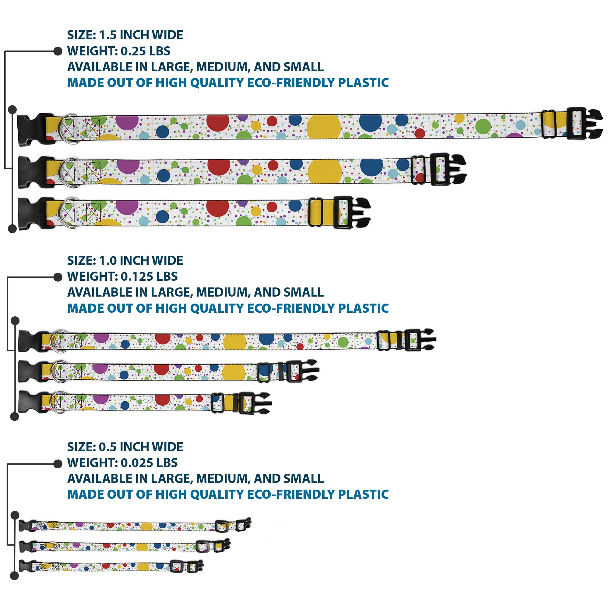 Plastic Clip Collar Dots/Grid3 White/Gray/Multi Color WIDE-Large 20-31"