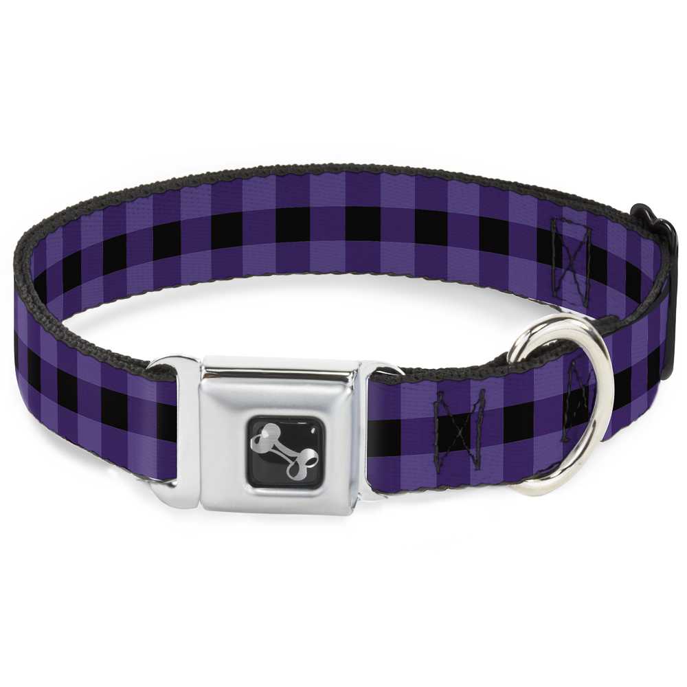 Dog Collar Bone Buffalo Plaid Black/Purple Large 15-24
