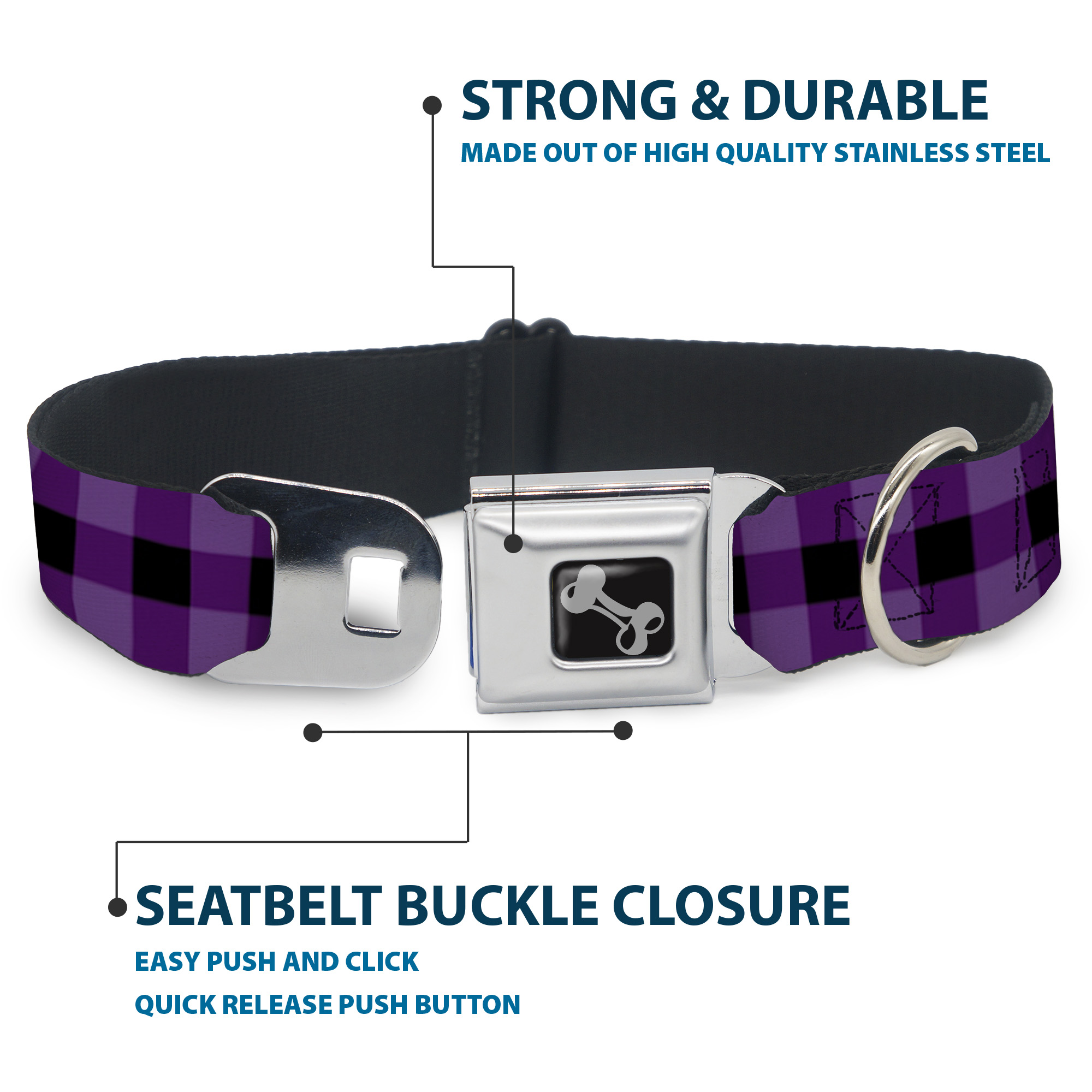Dog Collar Bone Buffalo Plaid Black/Purple Large 15-24