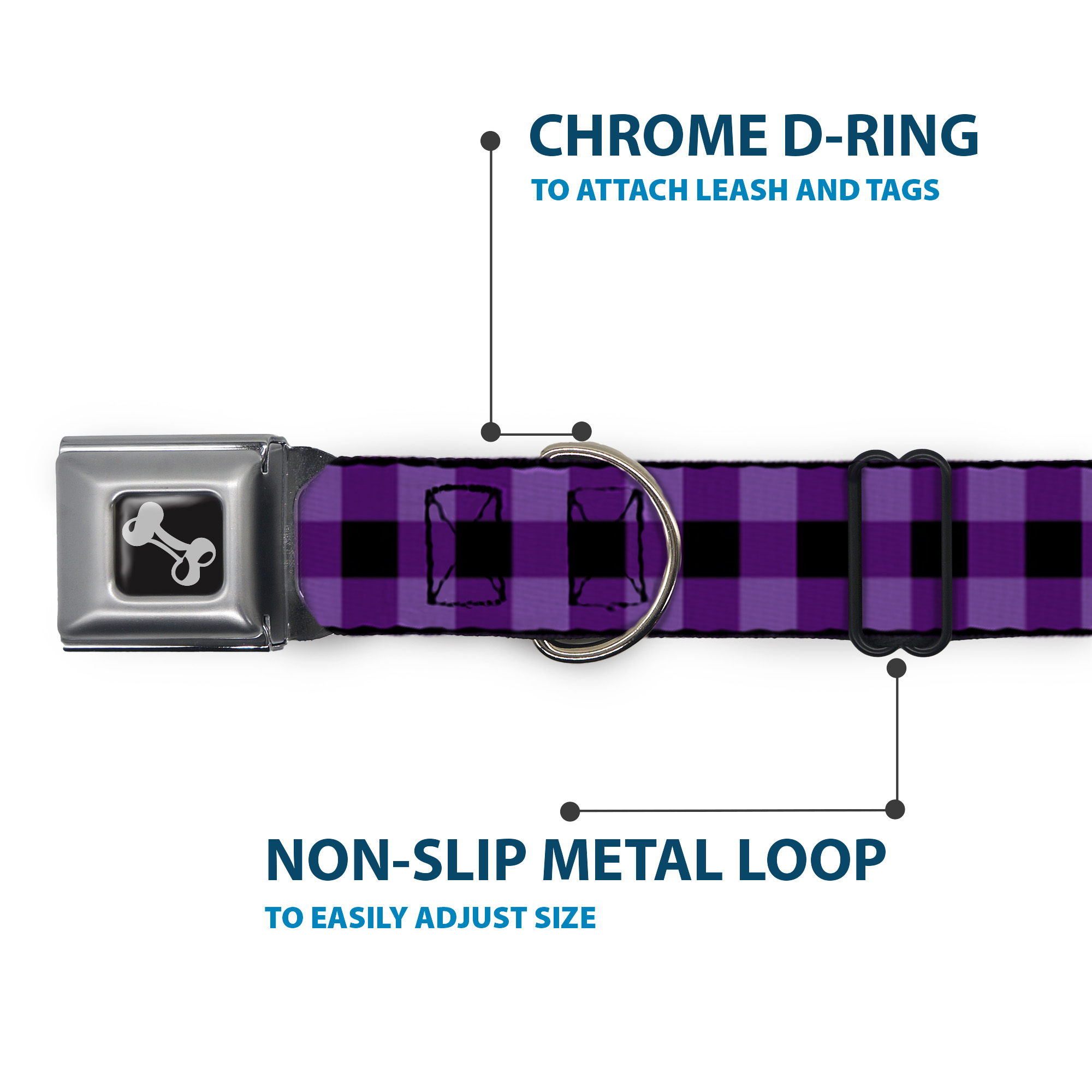 Dog Collar Bone Buffalo Plaid Black/Purple Large 15-24