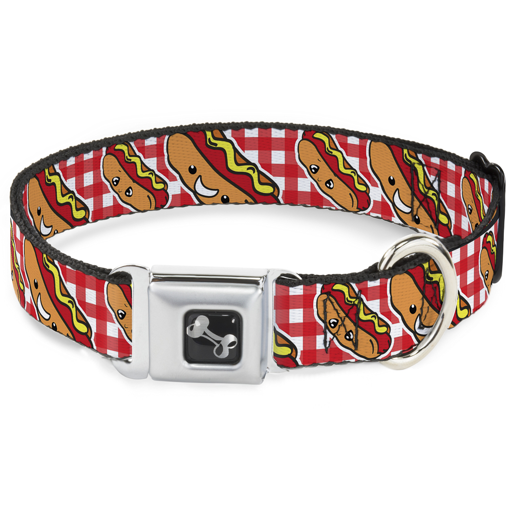 Dog Collar Bone Hot Dogs Buffalo Plaid White/Red Medium 11-16.5"" (US IMPORT)