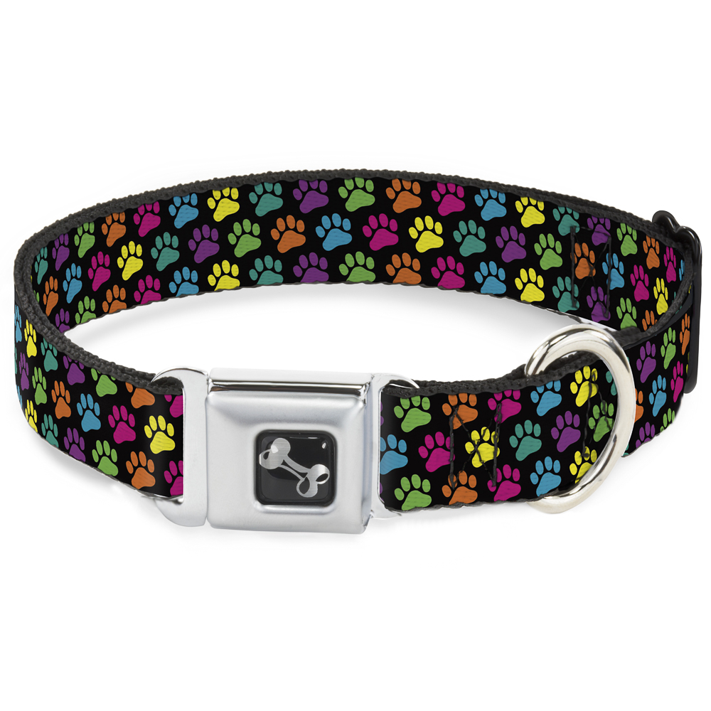 Dog Collar Bone Paw Print Black/Multi Color Medium 11-16.5"