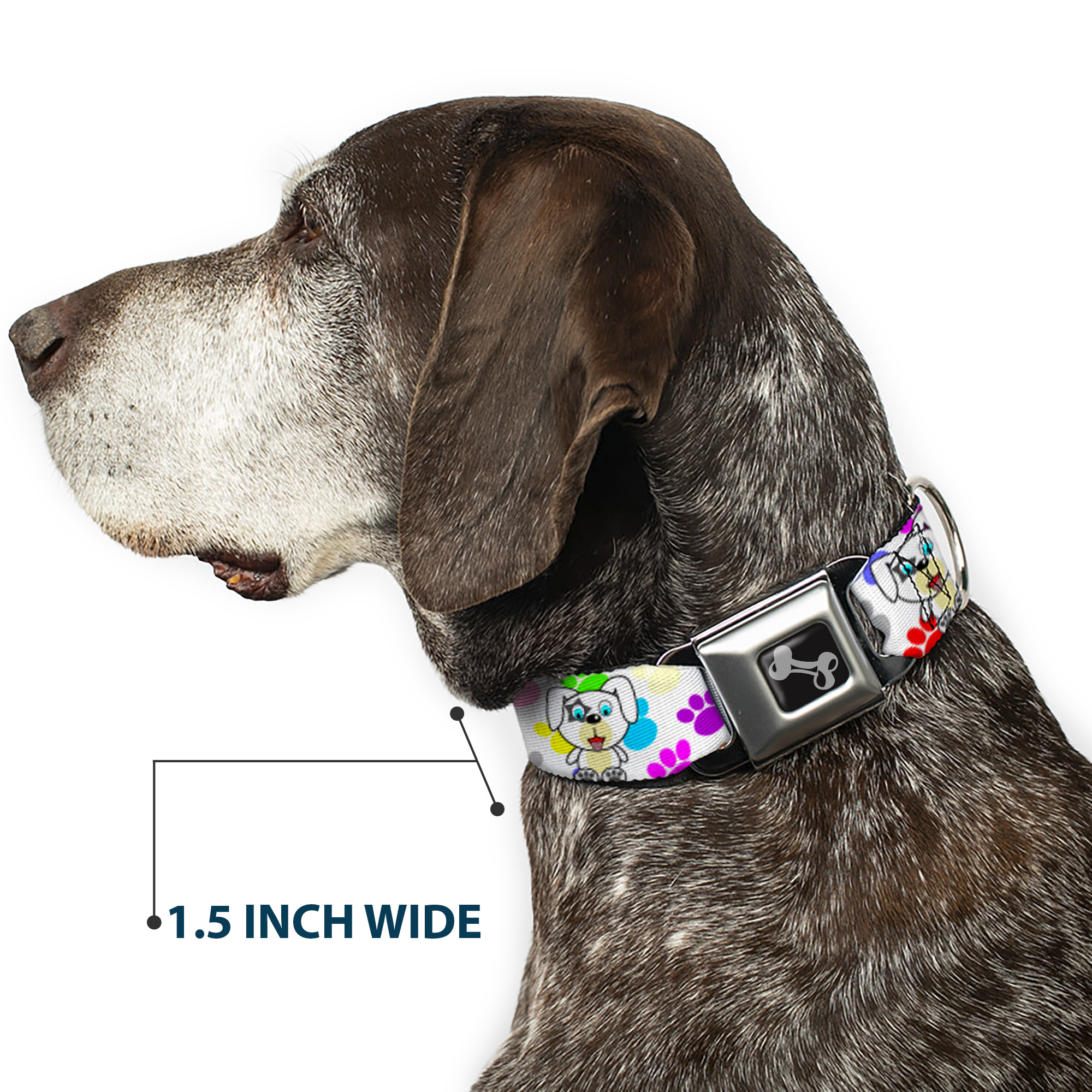 Dog Collar Bone Puppies w/Paw Prints White/Multi Color WIDE-Medium 16-23"
