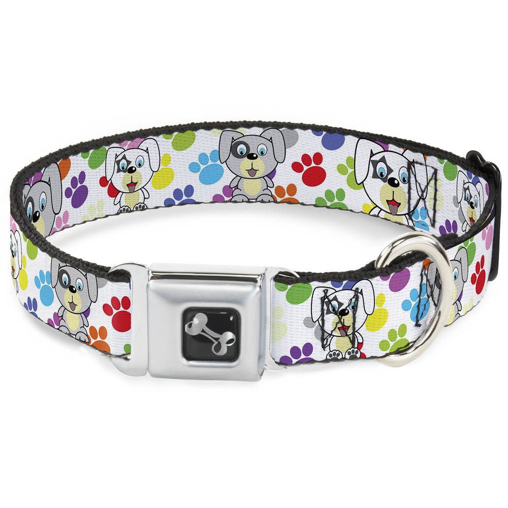 Dog Collar Bone Puppies w/Paw Prints White/Multi Color WIDE-Medium 16-23"