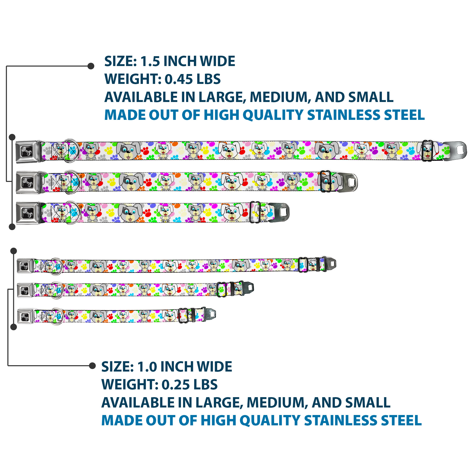 Dog Collar Bone Puppies w/Paw Prints White/Multi Color WIDE-Medium 16-23"