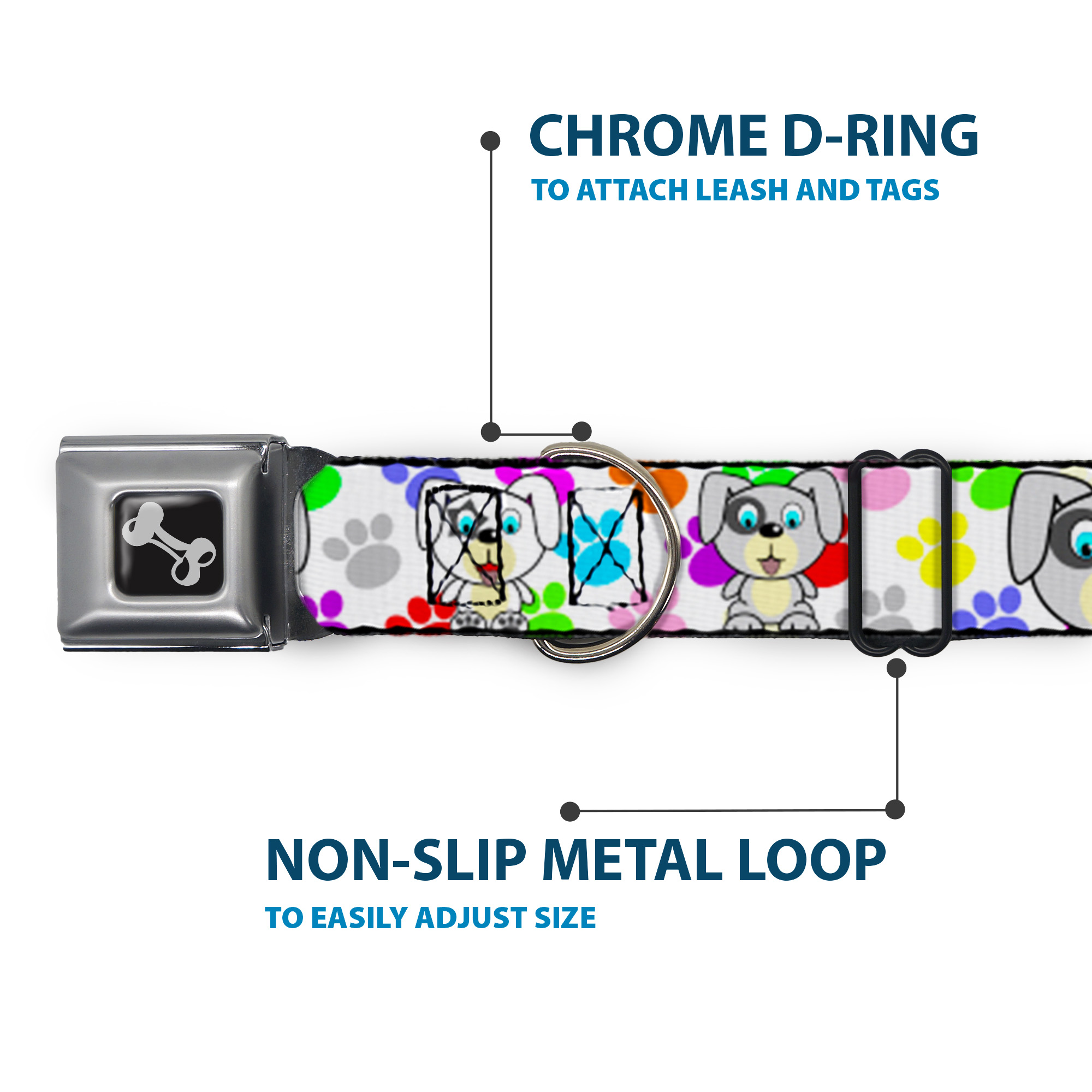 Dog Collar Bone Puppies w/Paw Prints White/Multi Color WIDE-Medium 16-23"