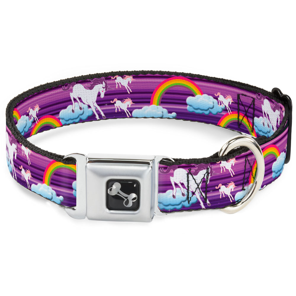Dog Collar Bone Unicorns/Rainbows w/Stripes Purple WIDE-Small 13-17"" (US IMPORT)