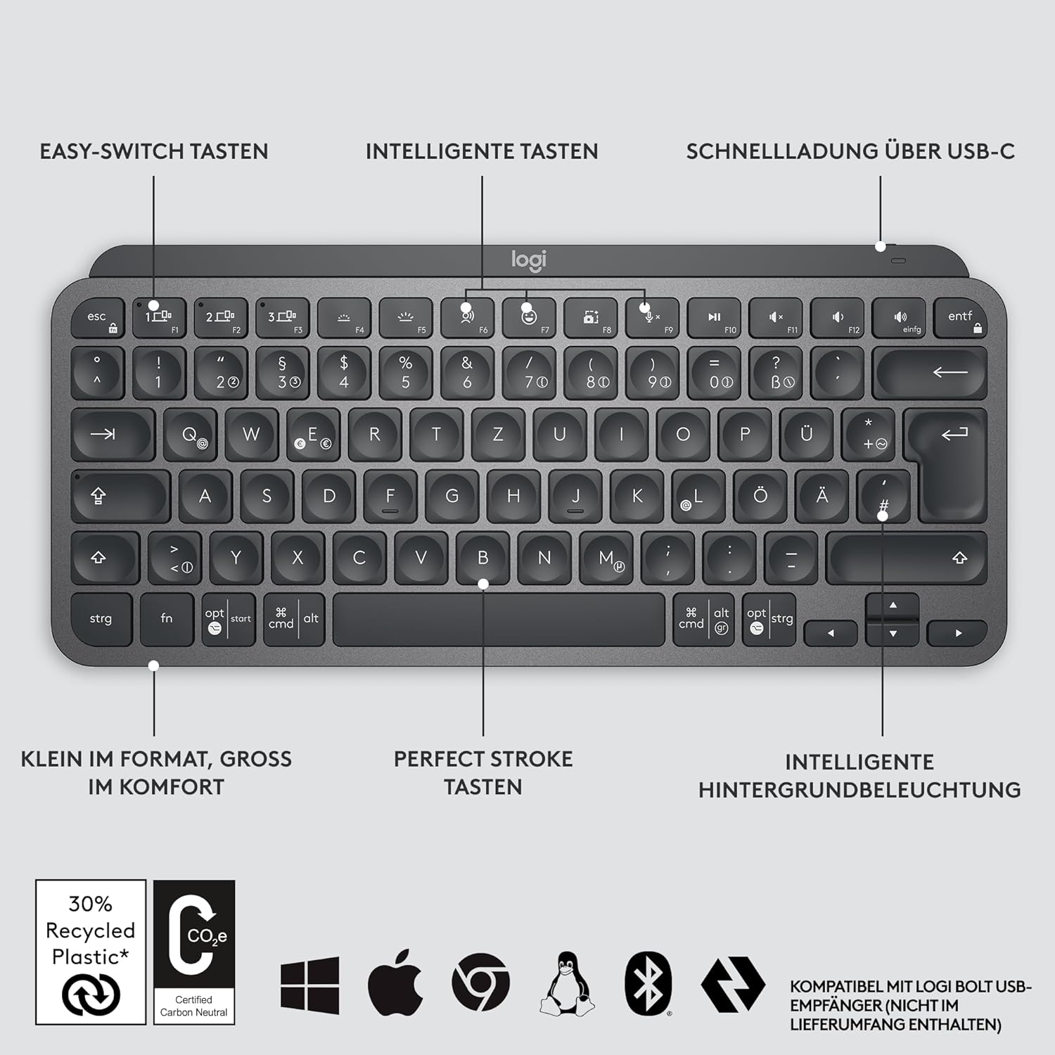 Logitech MX Keys Mini Wireless Keyboard, Compact, Bluetooth, Backlight, USB-C, C - Picture 9 of 10